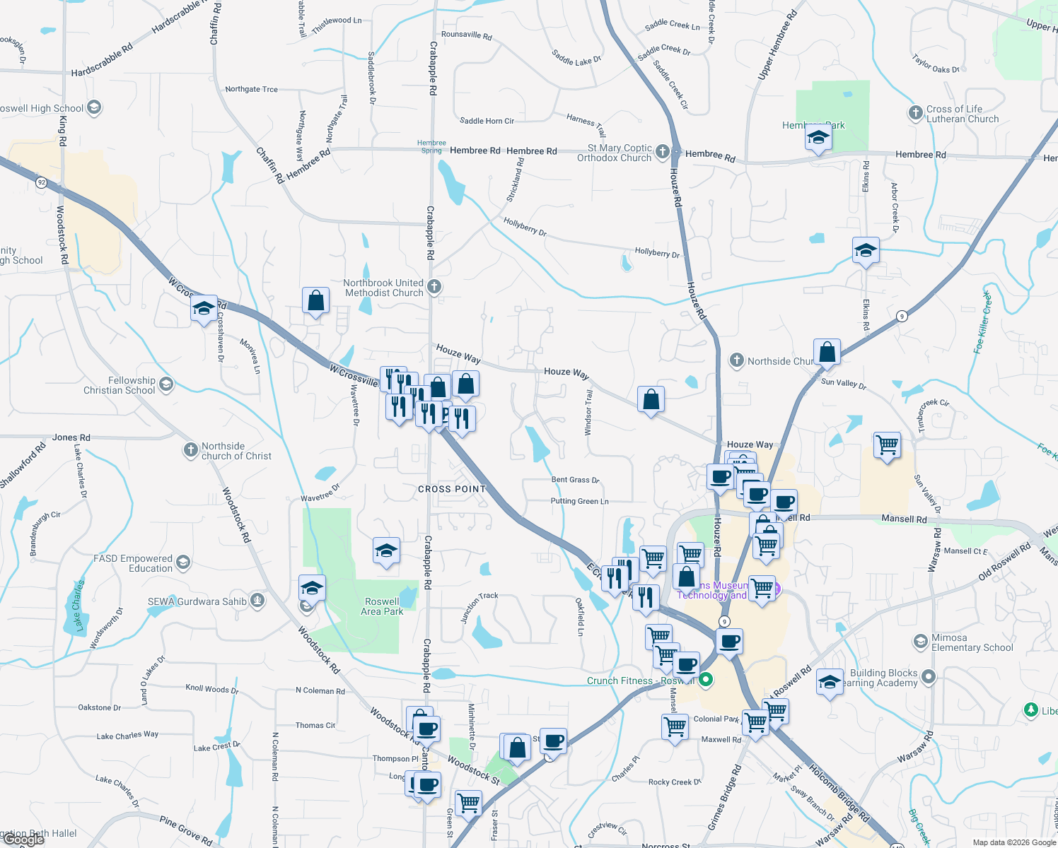 map of restaurants, bars, coffee shops, grocery stores, and more near 6010 Gaineswood Dr in Roswell