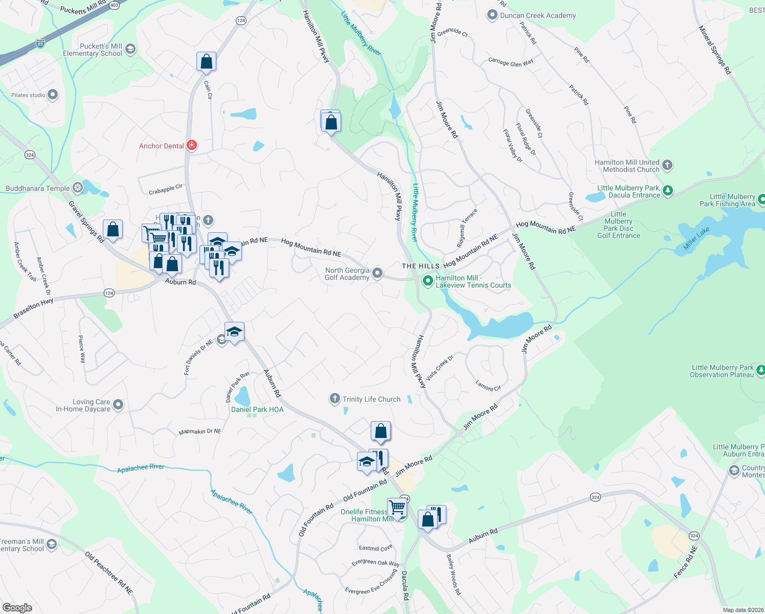 map of restaurants, bars, coffee shops, grocery stores, and more near 3314 Mill Grove Terrace in Dacula