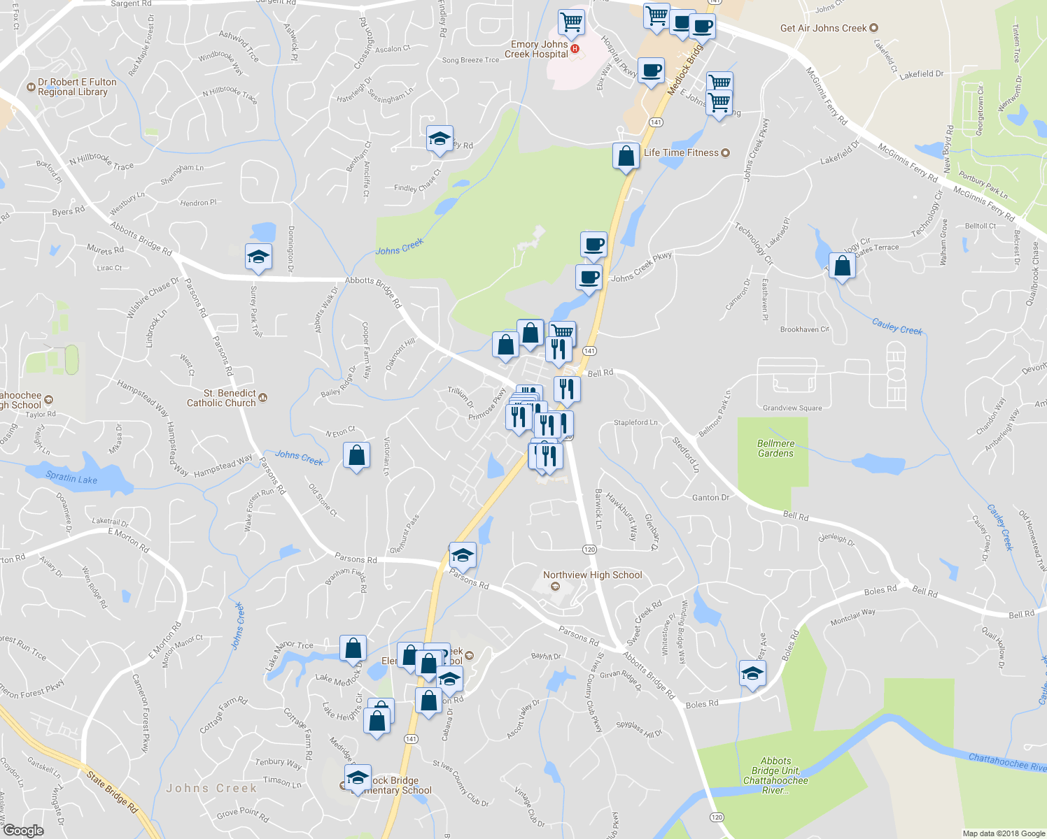 map of restaurants, bars, coffee shops, grocery stores, and more near 11150 Skyway Drive in Duluth