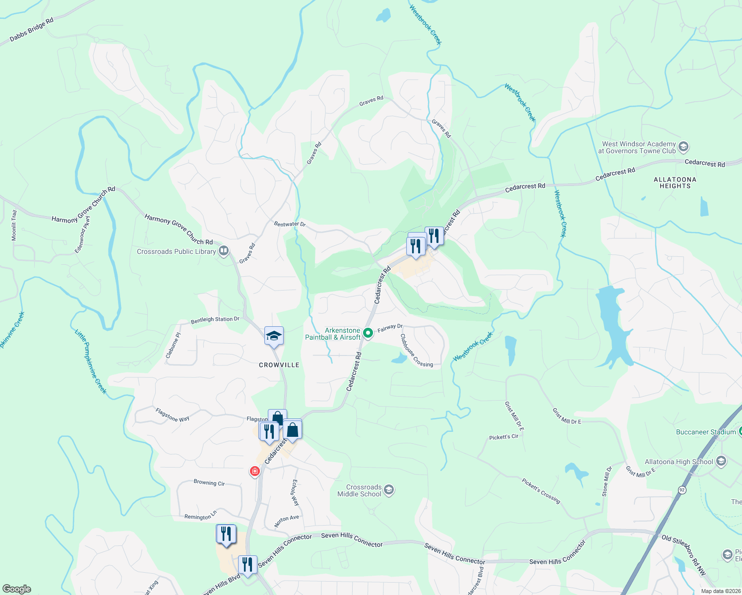 map of restaurants, bars, coffee shops, grocery stores, and more near 88 Vine Creek Dr in Acworth