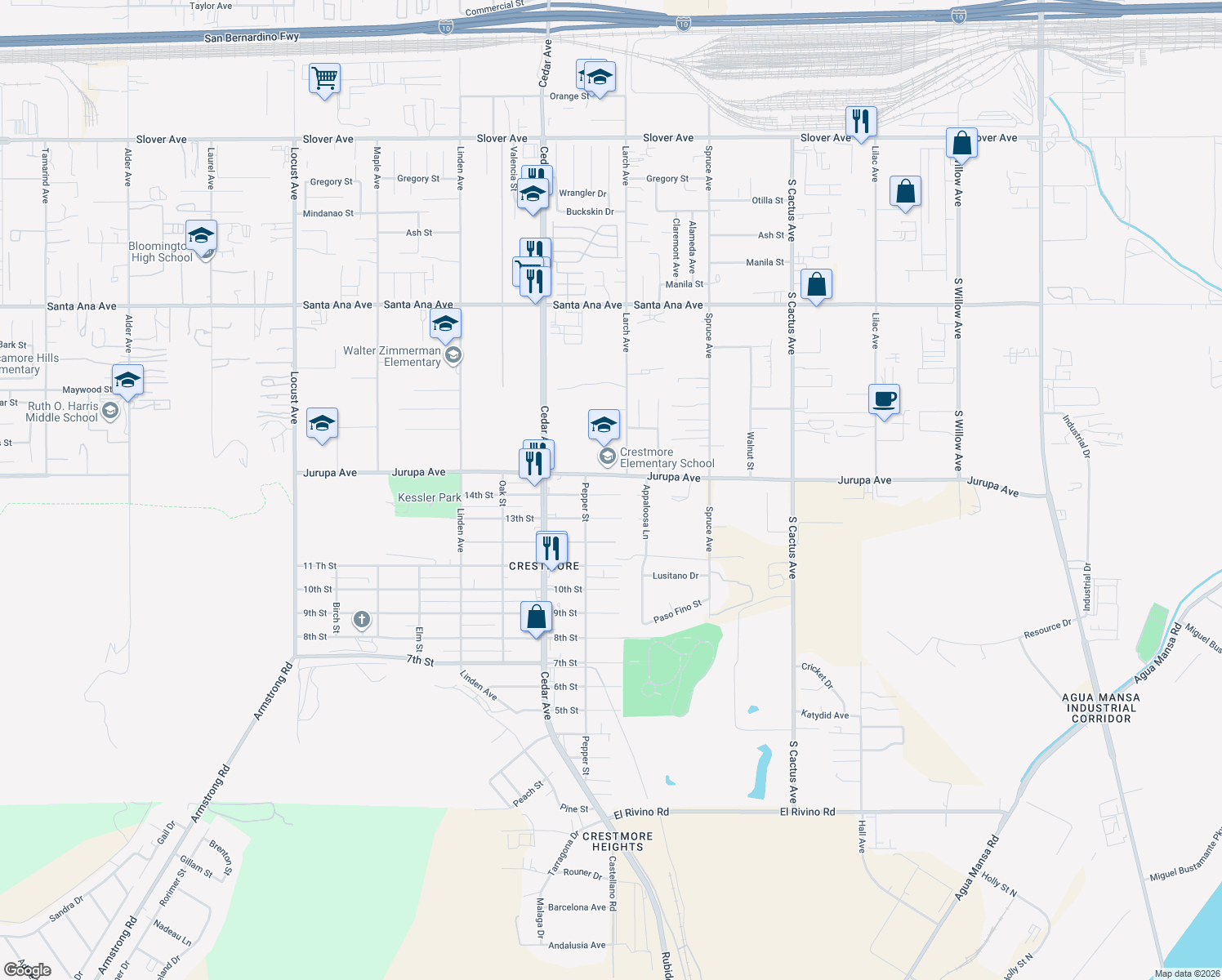 map of restaurants, bars, coffee shops, grocery stores, and more near 18862 14th Street in Bloomington