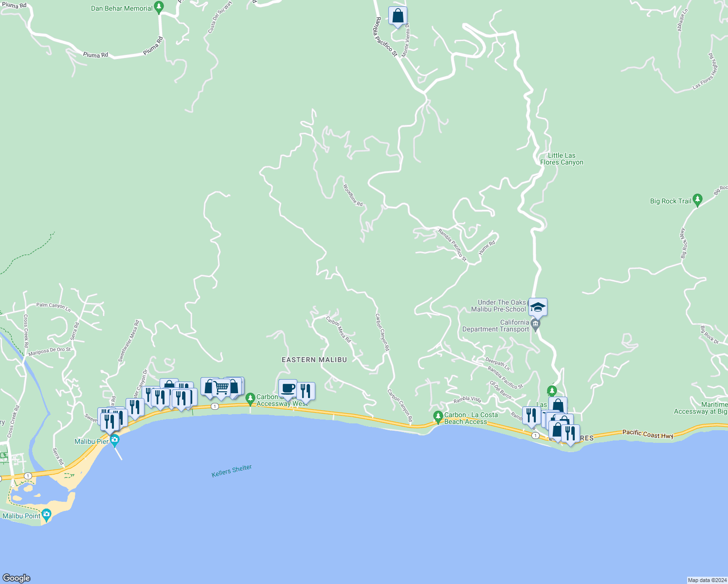 map of restaurants, bars, coffee shops, grocery stores, and more near Carbon Canyon Road in Malibu