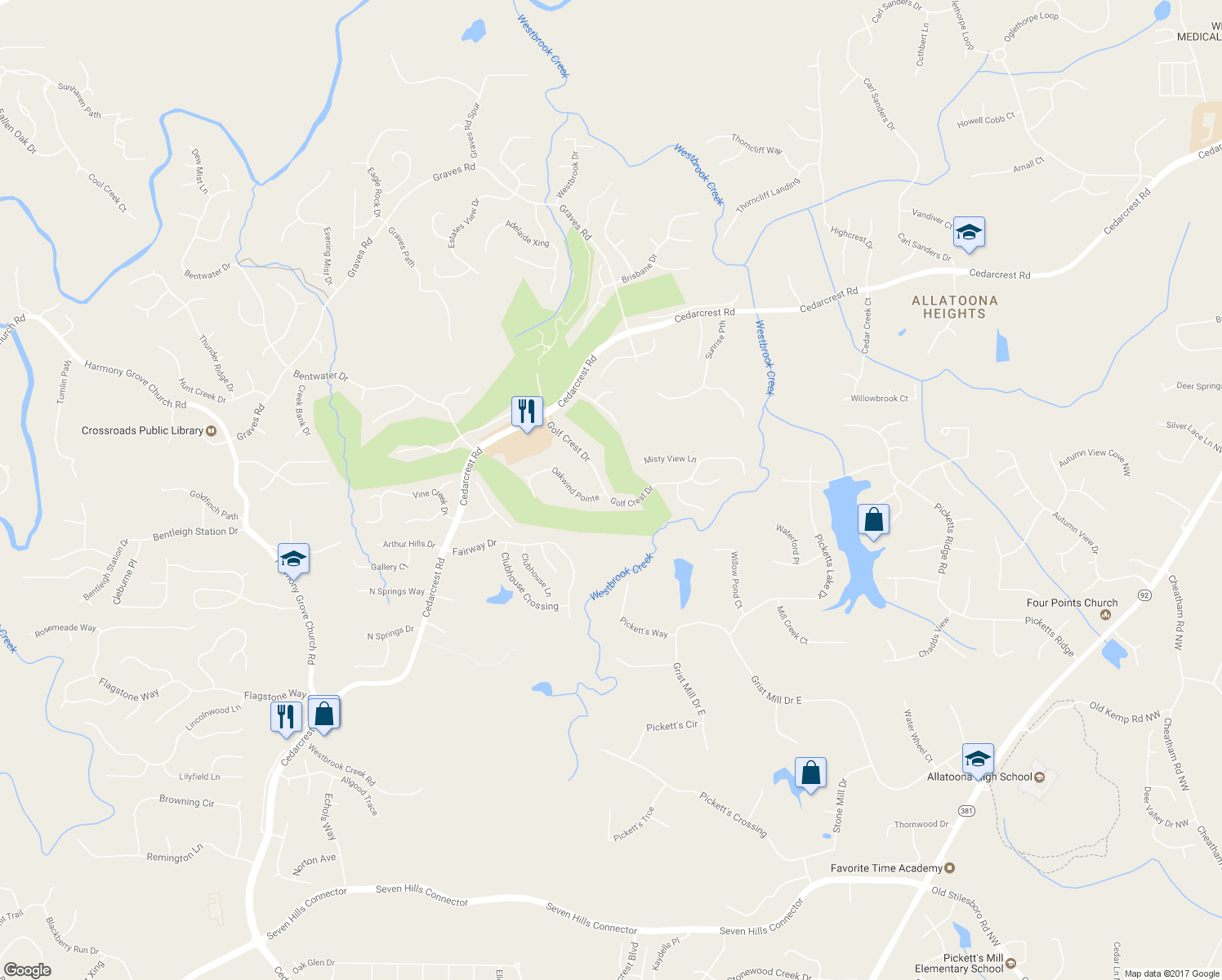 map of restaurants, bars, coffee shops, grocery stores, and more near 307 Golf Crest Drive in Acworth