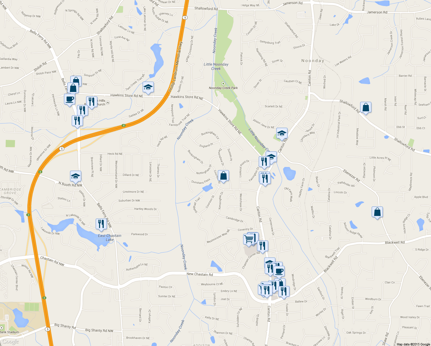 map of restaurants, bars, coffee shops, grocery stores, and more near 3831 Courson St in Marietta