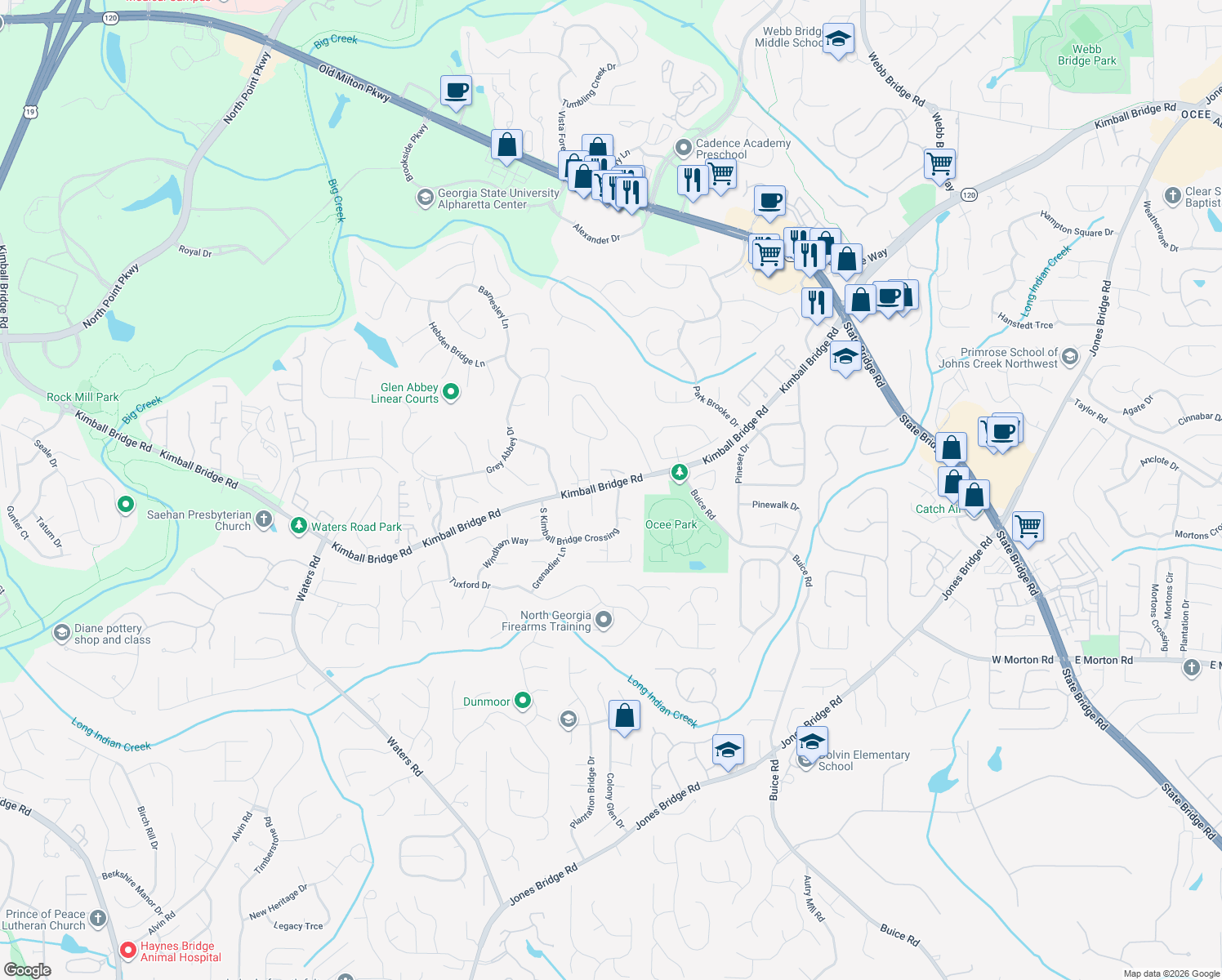 map of restaurants, bars, coffee shops, grocery stores, and more near 10960 S Kimball Bridge Crossing in Alpharetta