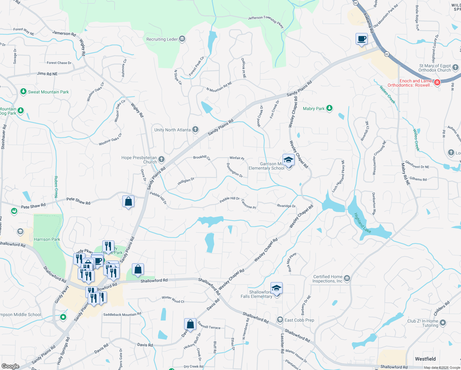 map of restaurants, bars, coffee shops, grocery stores, and more near 4040 Crossfield Place in Marietta