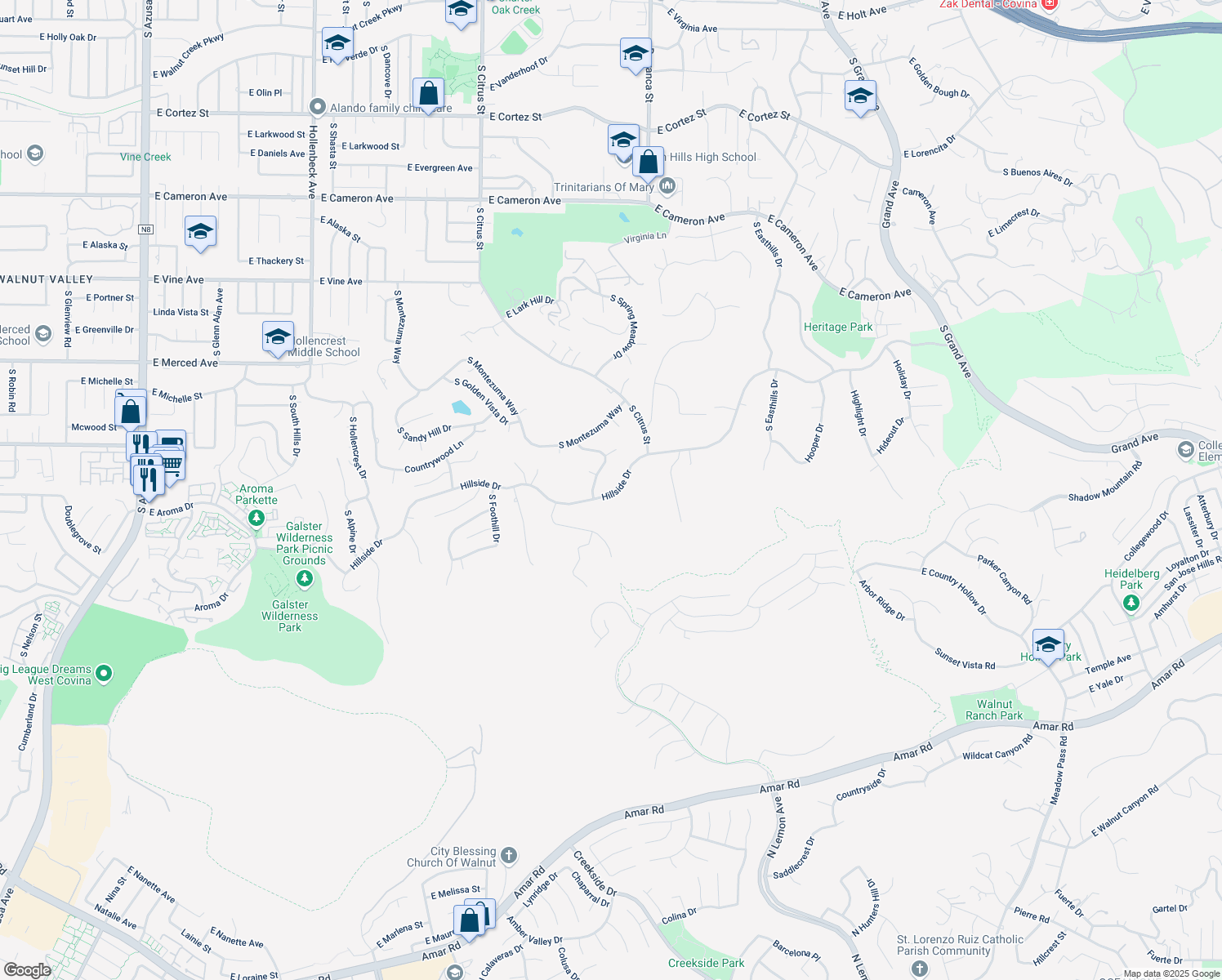 map of restaurants, bars, coffee shops, grocery stores, and more near 2965 Hillside Drive in West Covina