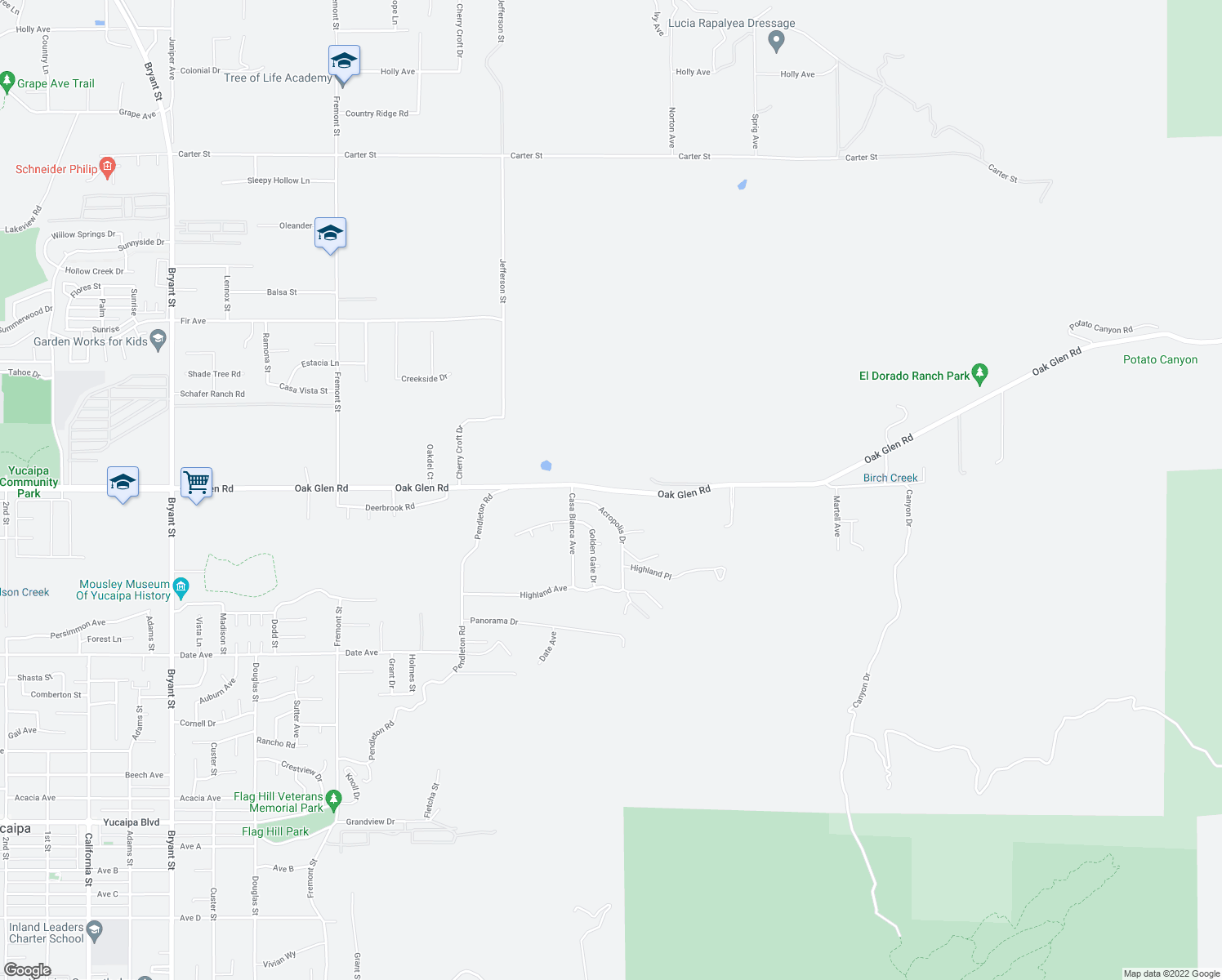 map of restaurants, bars, coffee shops, grocery stores, and more near Oak Glen Road in Yucaipa