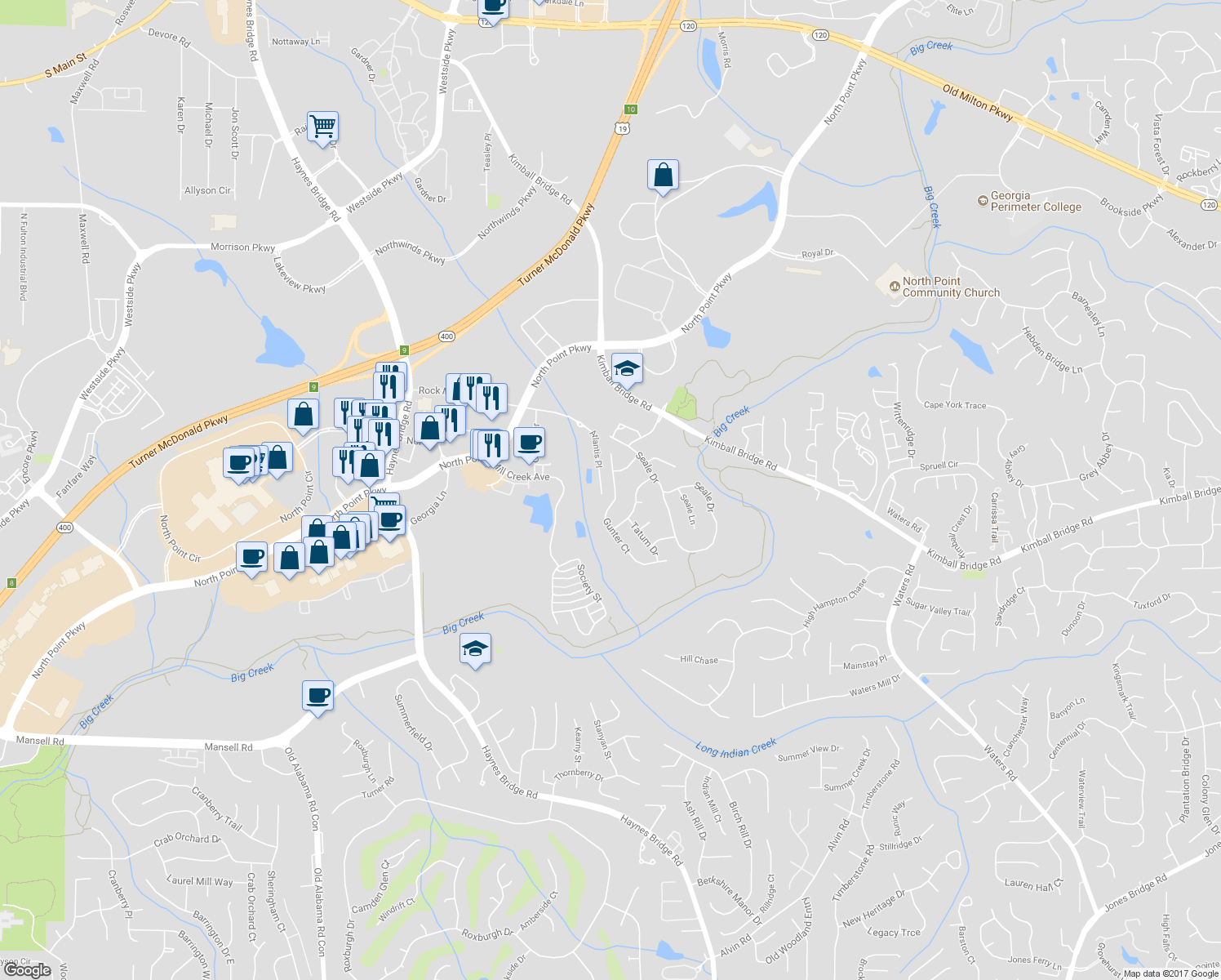 map of restaurants, bars, coffee shops, grocery stores, and more near 975 Gunter Court in Alpharetta