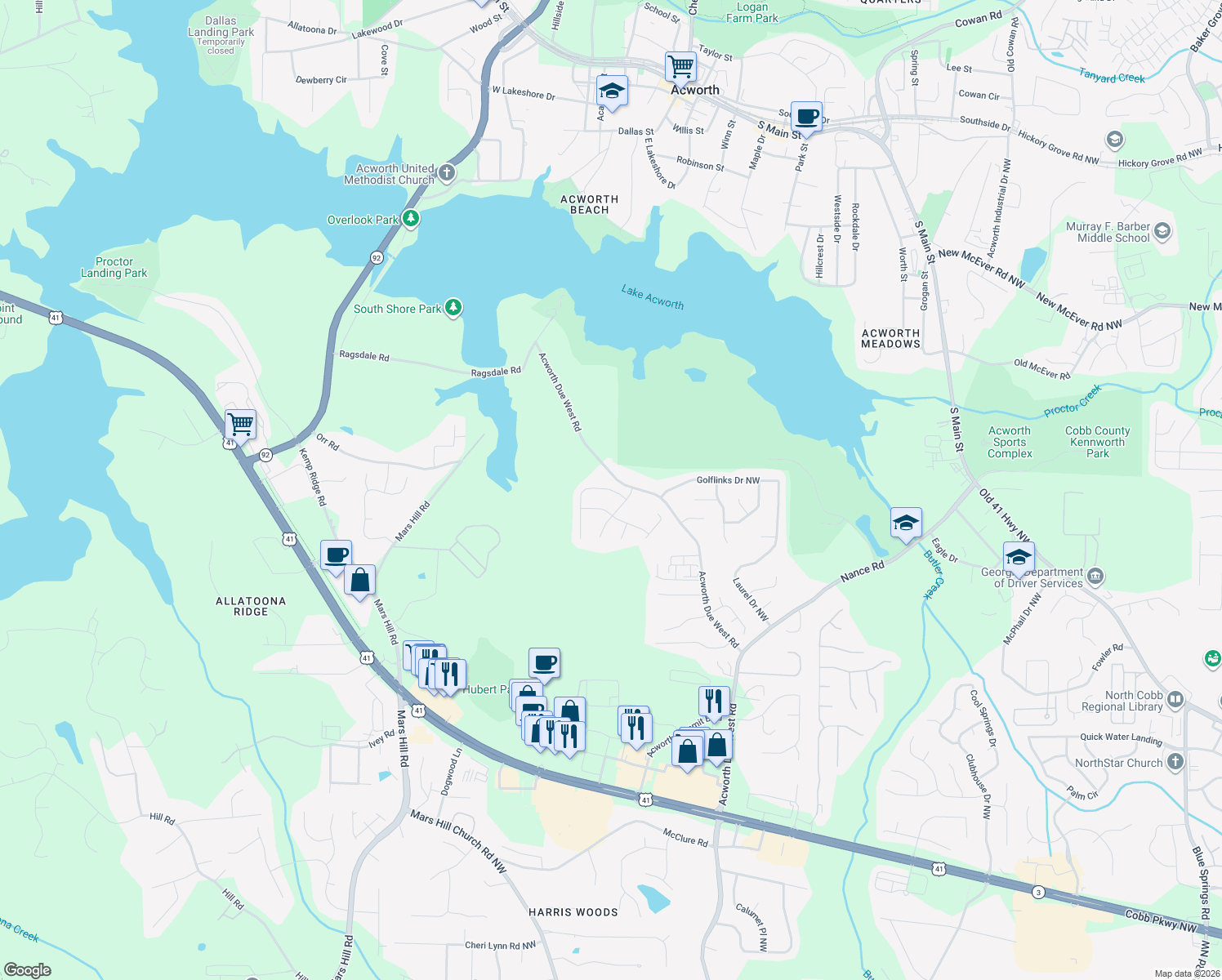 map of restaurants, bars, coffee shops, grocery stores, and more near 4304 Martingale Ln in Acworth