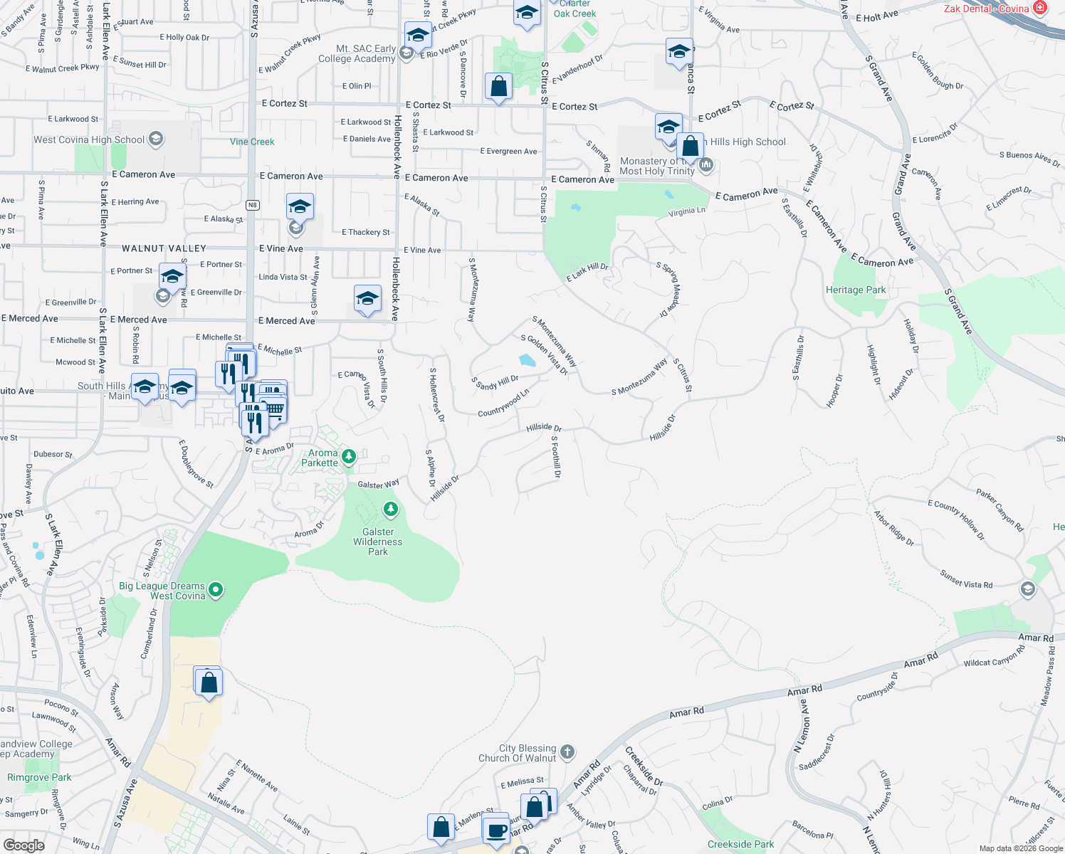 map of restaurants, bars, coffee shops, grocery stores, and more near 2851 Hillside Drive in West Covina