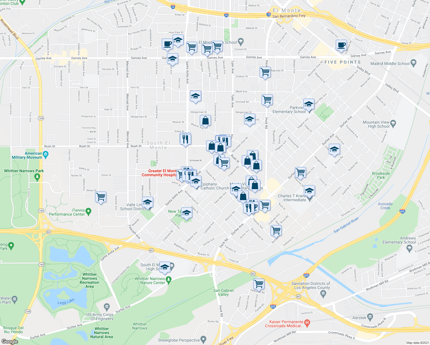 map of restaurants, bars, coffee shops, grocery stores, and more near 1819 Floradale Ave in South El Monte