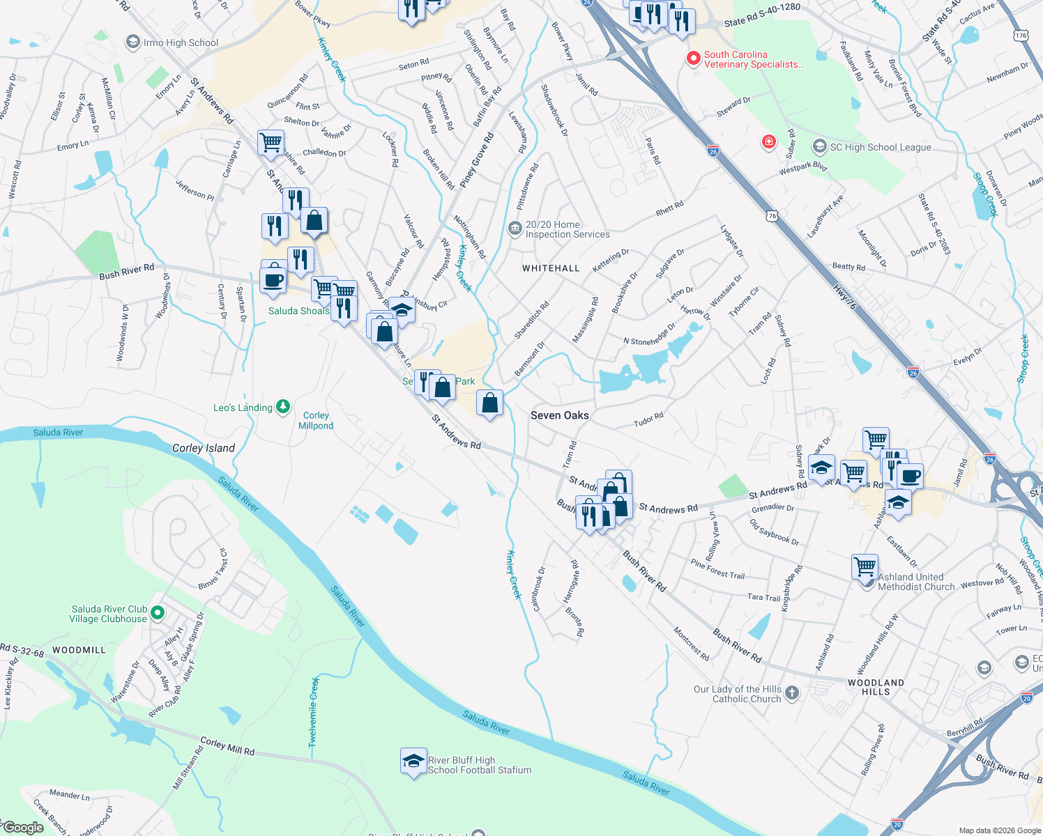 map of restaurants, bars, coffee shops, grocery stores, and more near 181 Banbury Road in Columbia