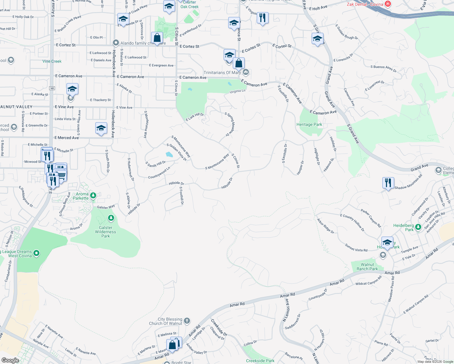 map of restaurants, bars, coffee shops, grocery stores, and more near 2969 Hillside Drive in West Covina