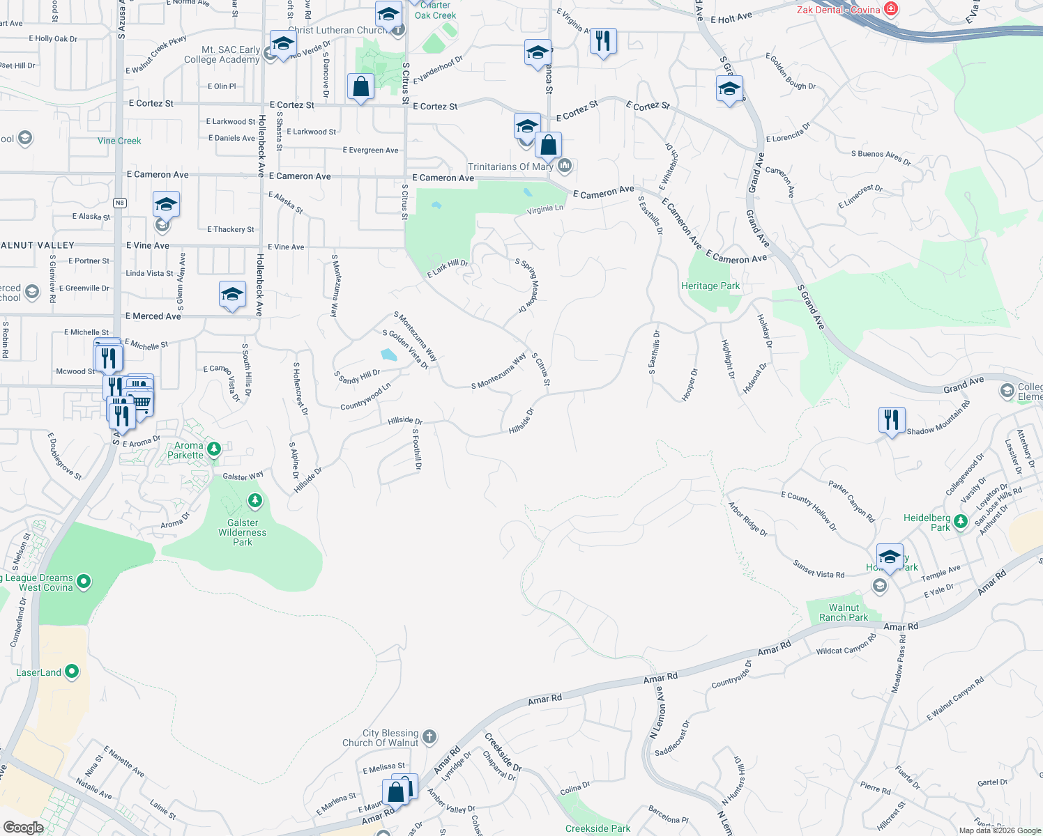 map of restaurants, bars, coffee shops, grocery stores, and more near 2969 Hillside Drive in West Covina