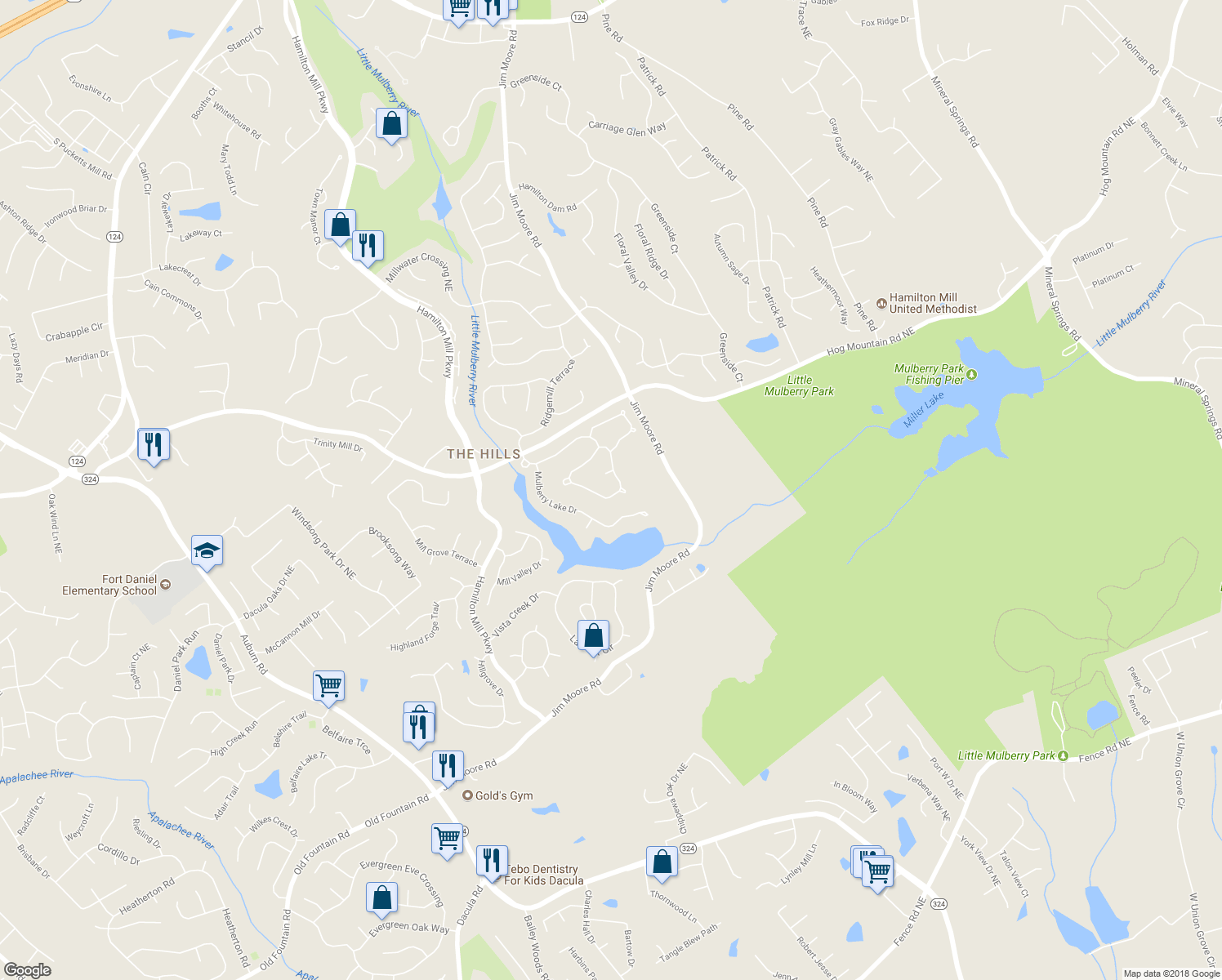 map of restaurants, bars, coffee shops, grocery stores, and more near 1565 Lake Heights Circle in Dacula