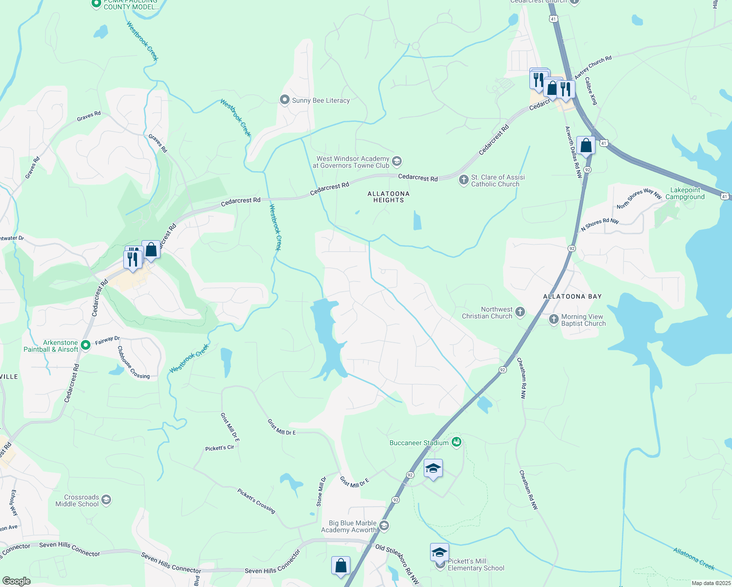 map of restaurants, bars, coffee shops, grocery stores, and more near 47 Picketts Mill Run in Acworth