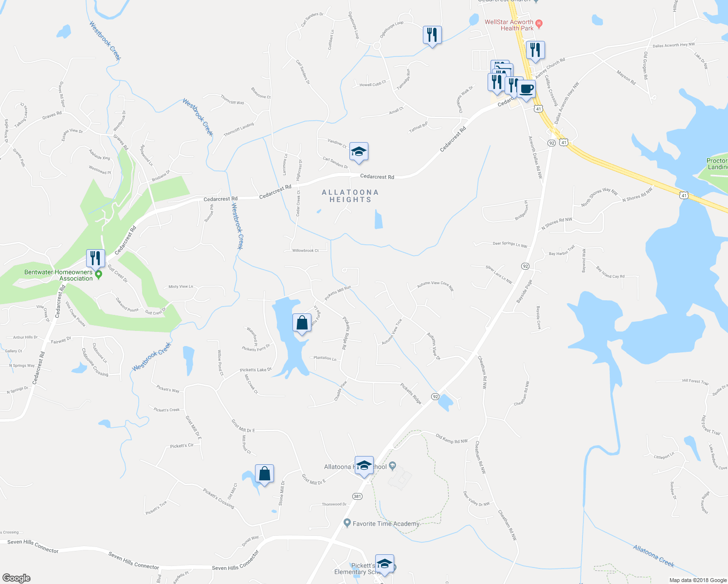 map of restaurants, bars, coffee shops, grocery stores, and more near 210 Picketts Mill Run in Acworth