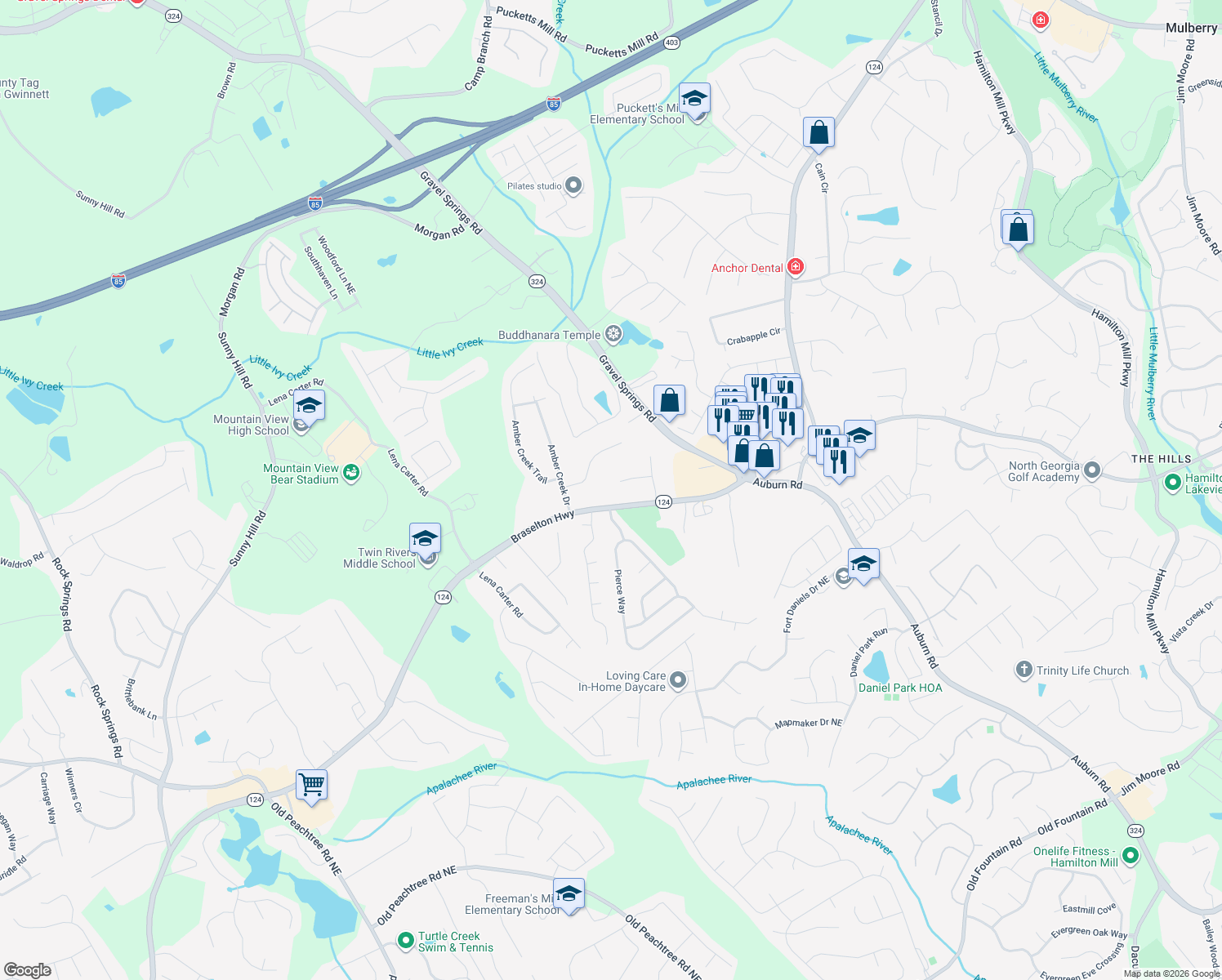 map of restaurants, bars, coffee shops, grocery stores, and more near 2455 Luke Ct in Buford