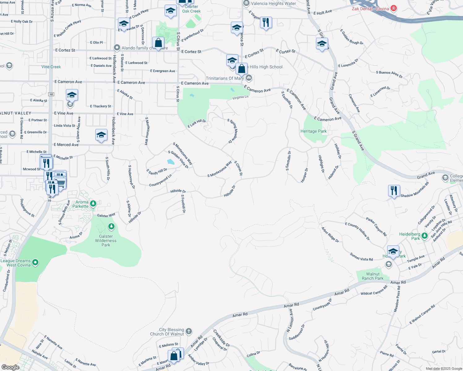 map of restaurants, bars, coffee shops, grocery stores, and more near 2977 Hillside Drive in West Covina