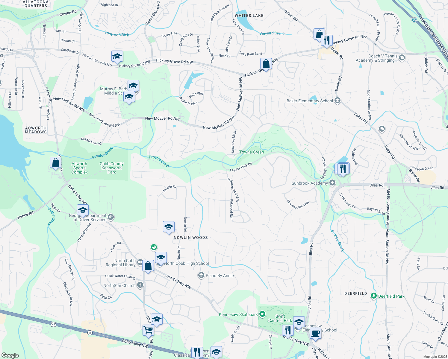 map of restaurants, bars, coffee shops, grocery stores, and more near 3036 Langley Close NW in Kennesaw