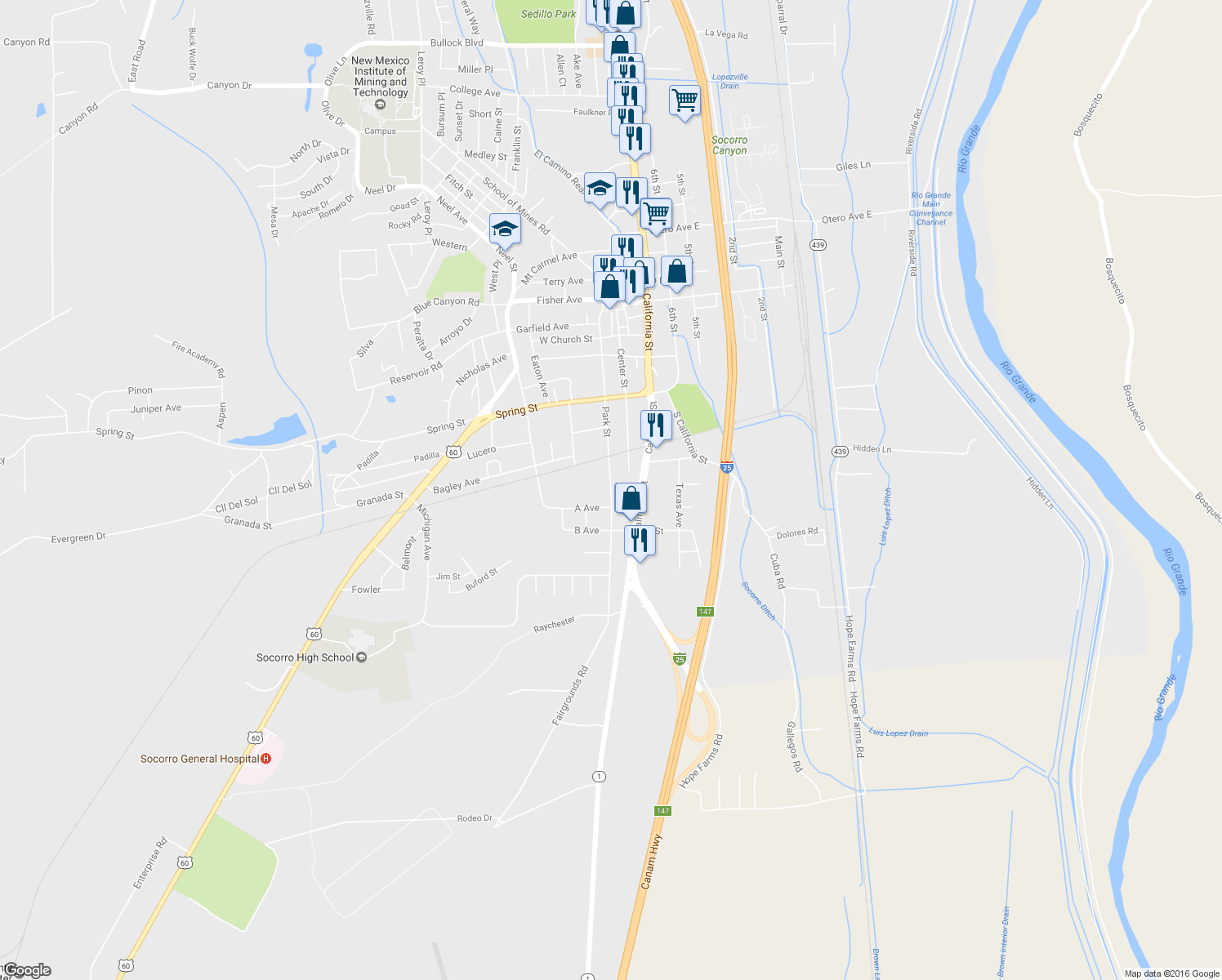 map of restaurants, bars, coffee shops, grocery stores, and more near 708 Park Street in Socorro