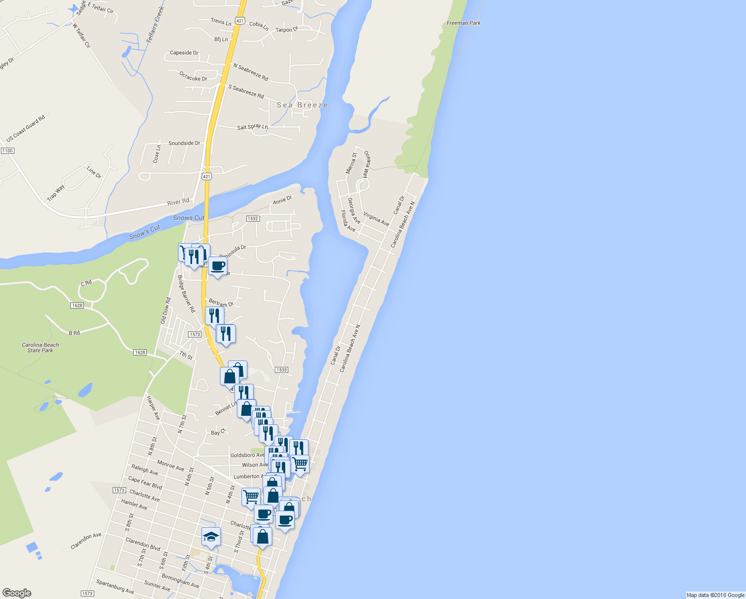 map of restaurants, bars, coffee shops, grocery stores, and more near 1210 Carolina Beach Avenue North in Carolina Beach