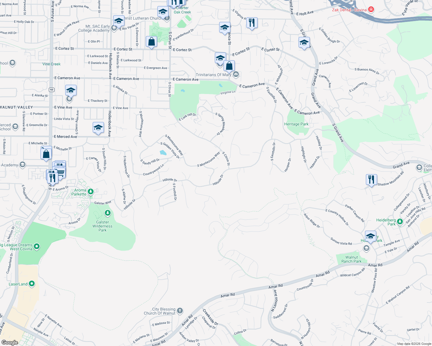map of restaurants, bars, coffee shops, grocery stores, and more near 1522 South Fairway Knolls Road in West Covina