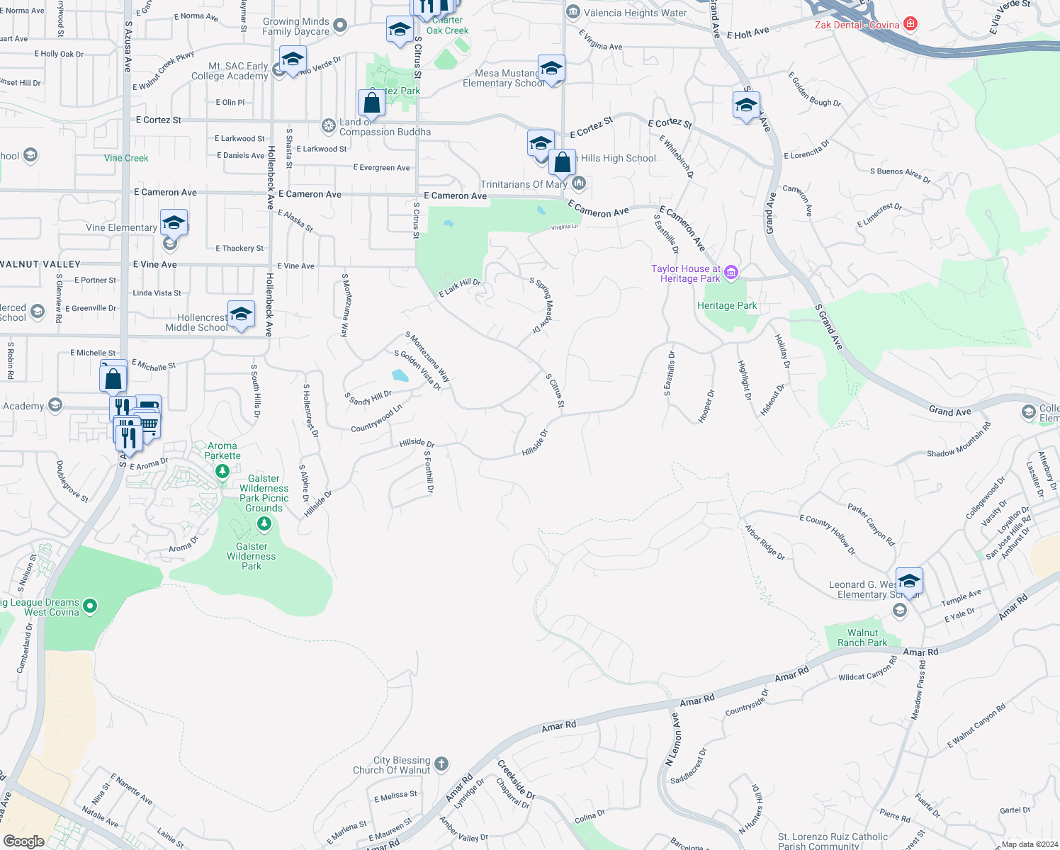 map of restaurants, bars, coffee shops, grocery stores, and more near 1522 South Fairway Knolls Road in West Covina