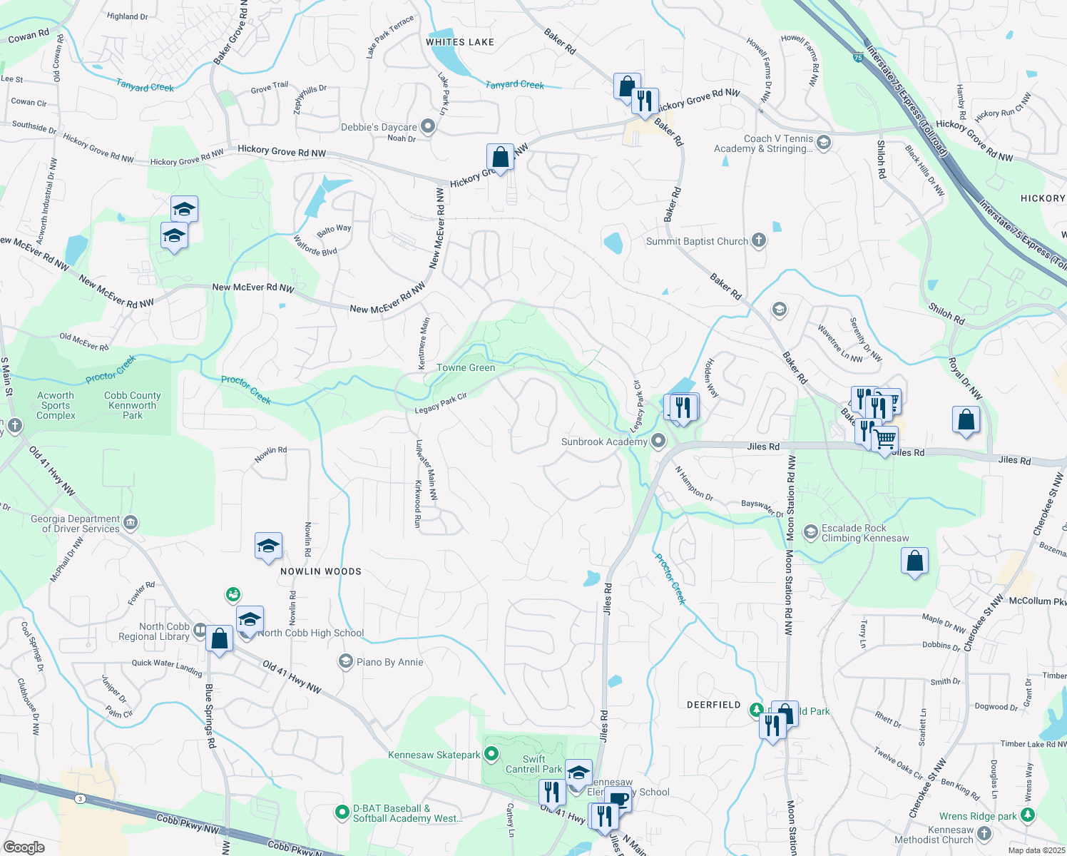 map of restaurants, bars, coffee shops, grocery stores, and more near 3899 Butterstream Way in Kennesaw