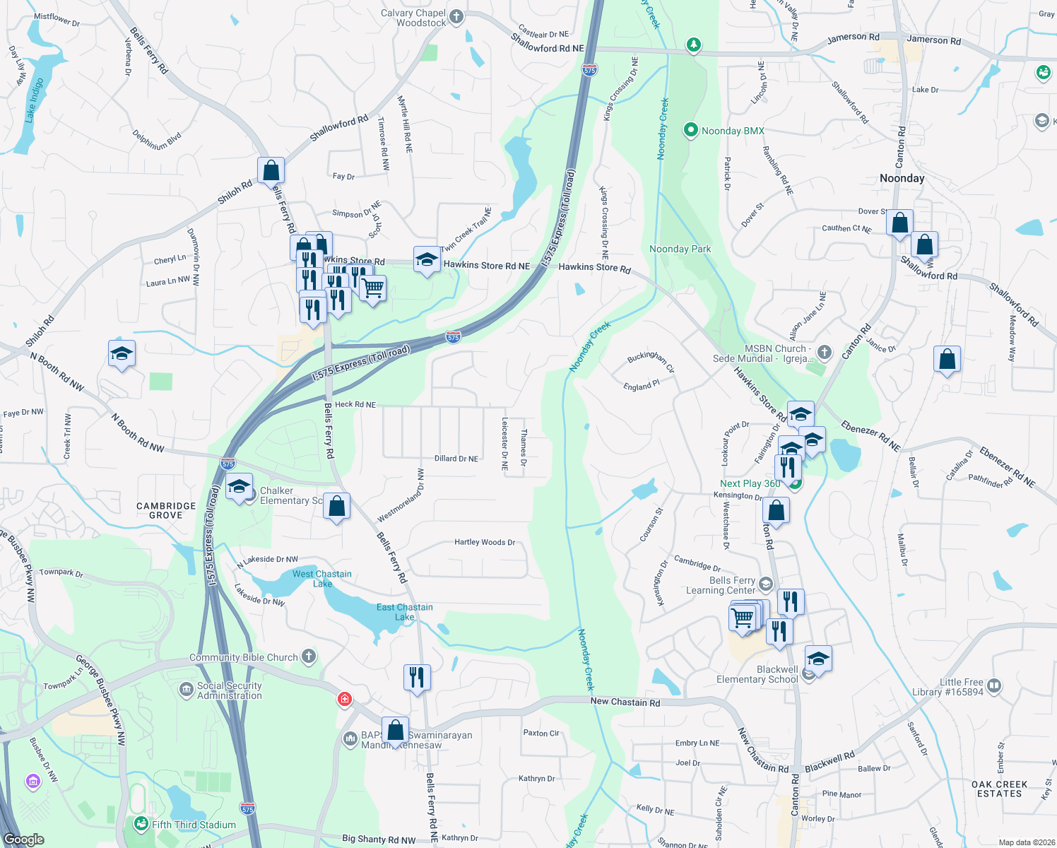 map of restaurants, bars, coffee shops, grocery stores, and more near 158 Drury Lane in Kennesaw