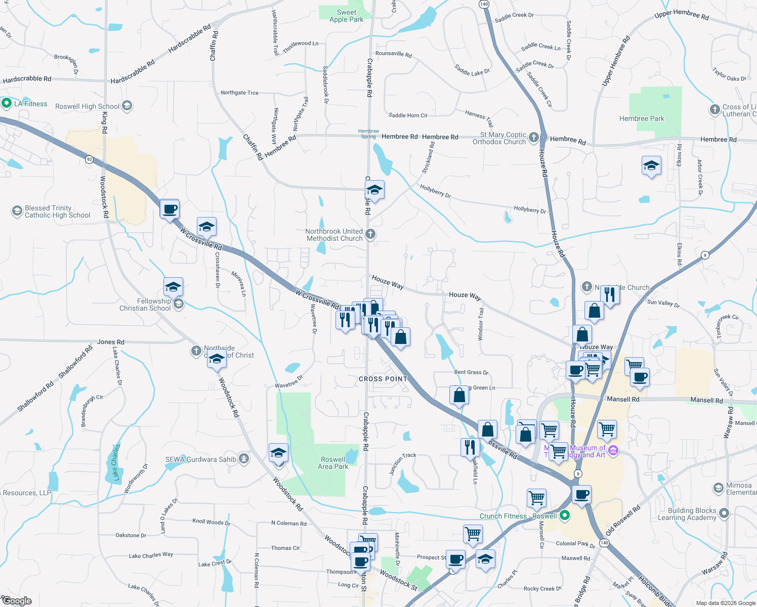 map of restaurants, bars, coffee shops, grocery stores, and more near 8650 Parker Place in Roswell