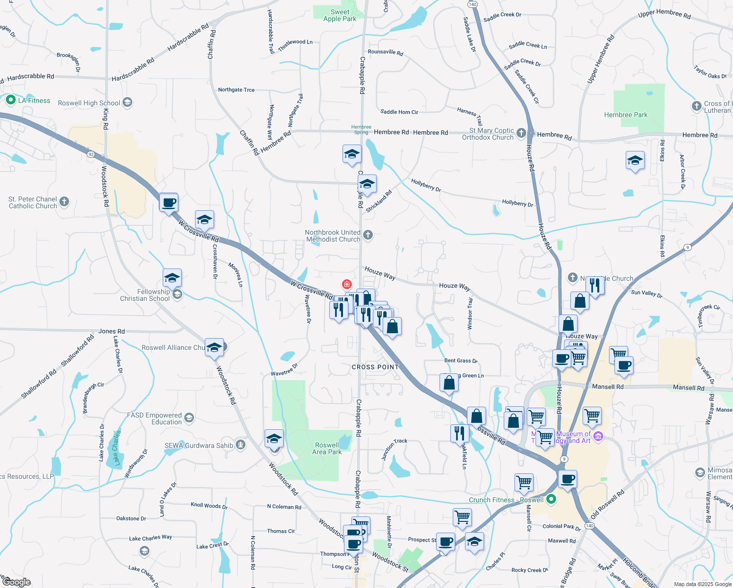 map of restaurants, bars, coffee shops, grocery stores, and more near 8730 Parker Place in Roswell
