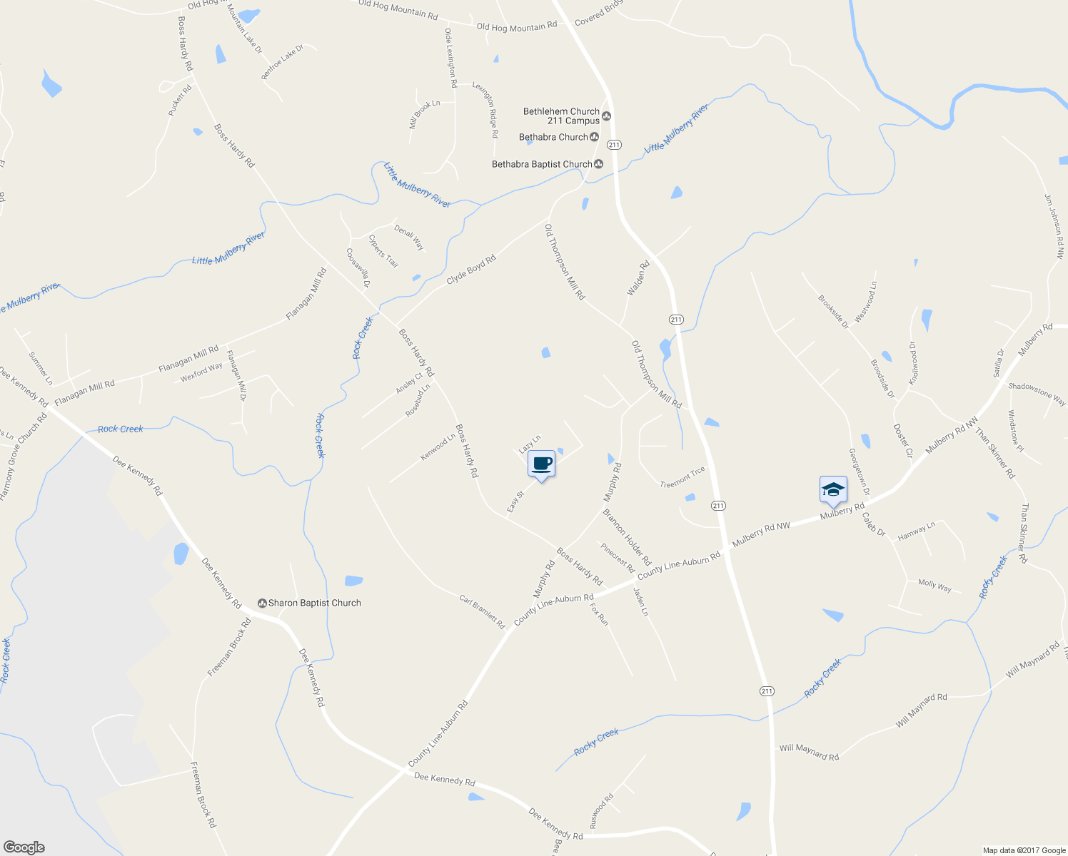 map of restaurants, bars, coffee shops, grocery stores, and more near 810 Lazy Lane in Winder