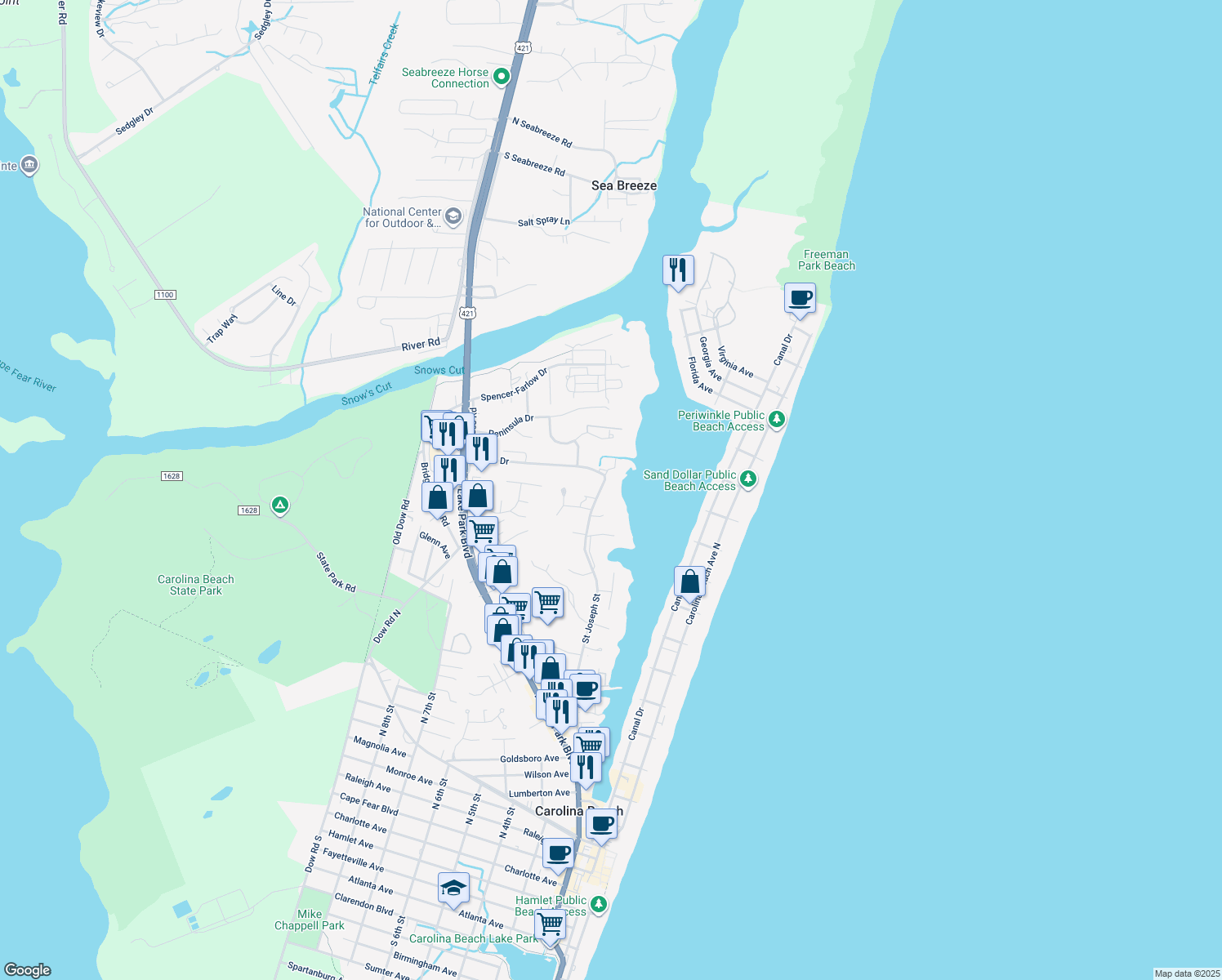 map of restaurants, bars, coffee shops, grocery stores, and more near 1324 St Joseph St in Carolina Beach