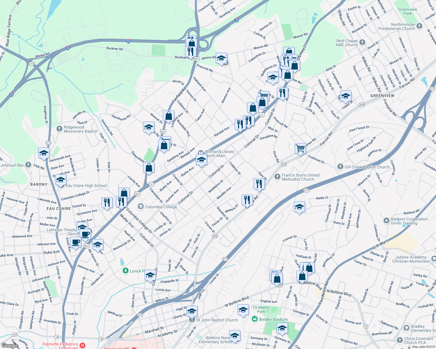 map of restaurants, bars, coffee shops, grocery stores, and more near 5316 Colonial Drive in Columbia