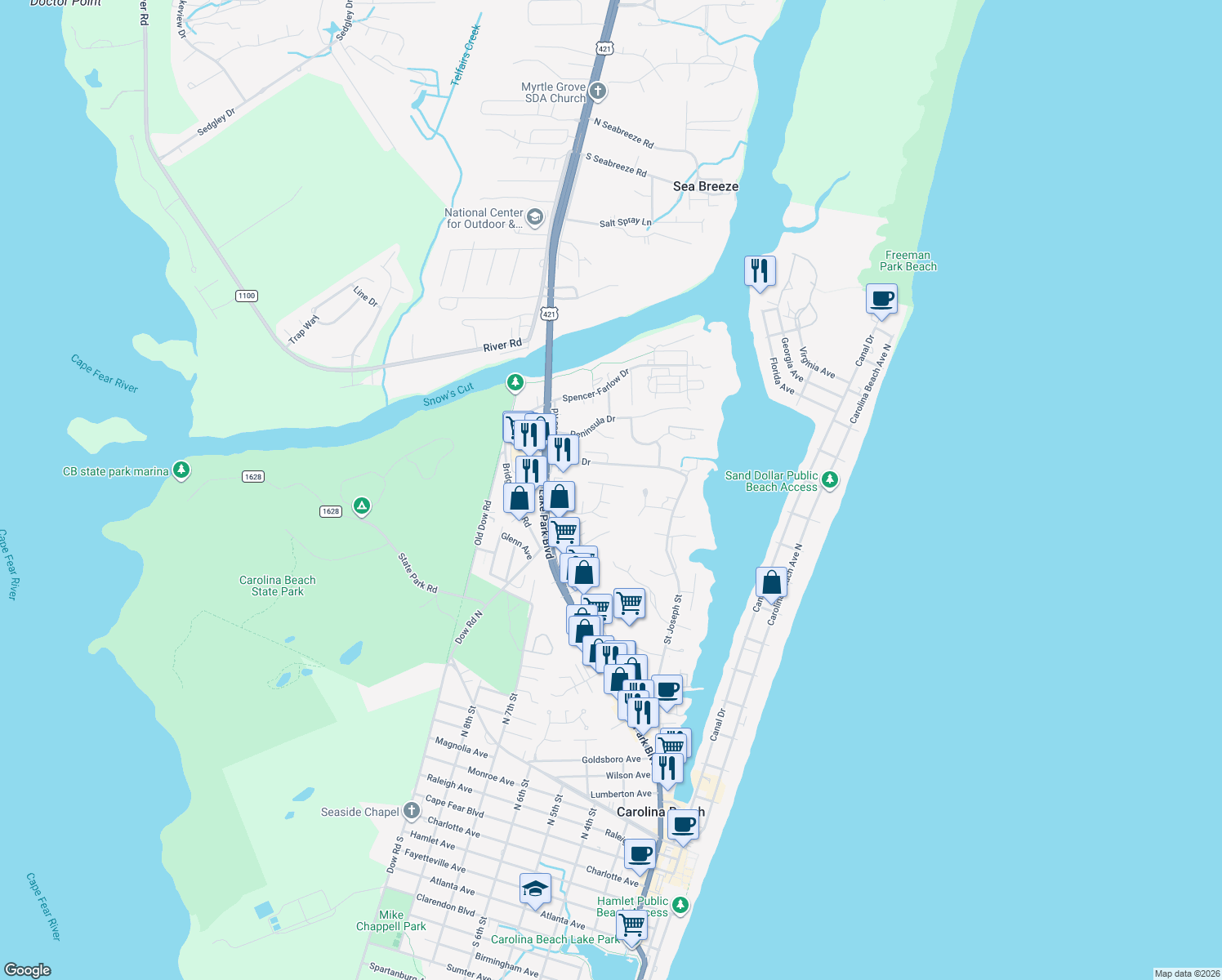 map of restaurants, bars, coffee shops, grocery stores, and more near 405 Jarrett Bay Drive in Carolina Beach