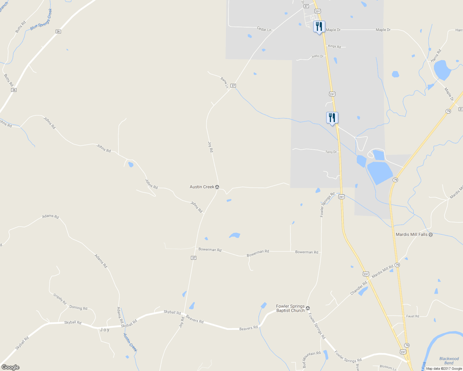 map of restaurants, bars, coffee shops, grocery stores, and more near 6936 Joy Road in Blountsville