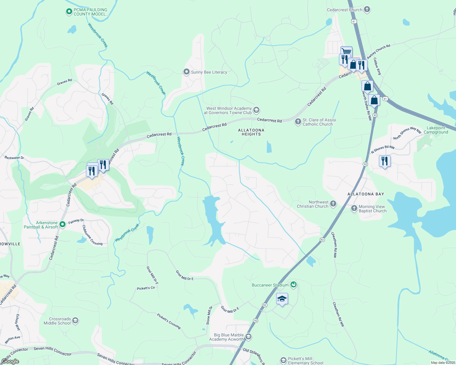 map of restaurants, bars, coffee shops, grocery stores, and more near 21 Picketts Ridge Lane in Acworth