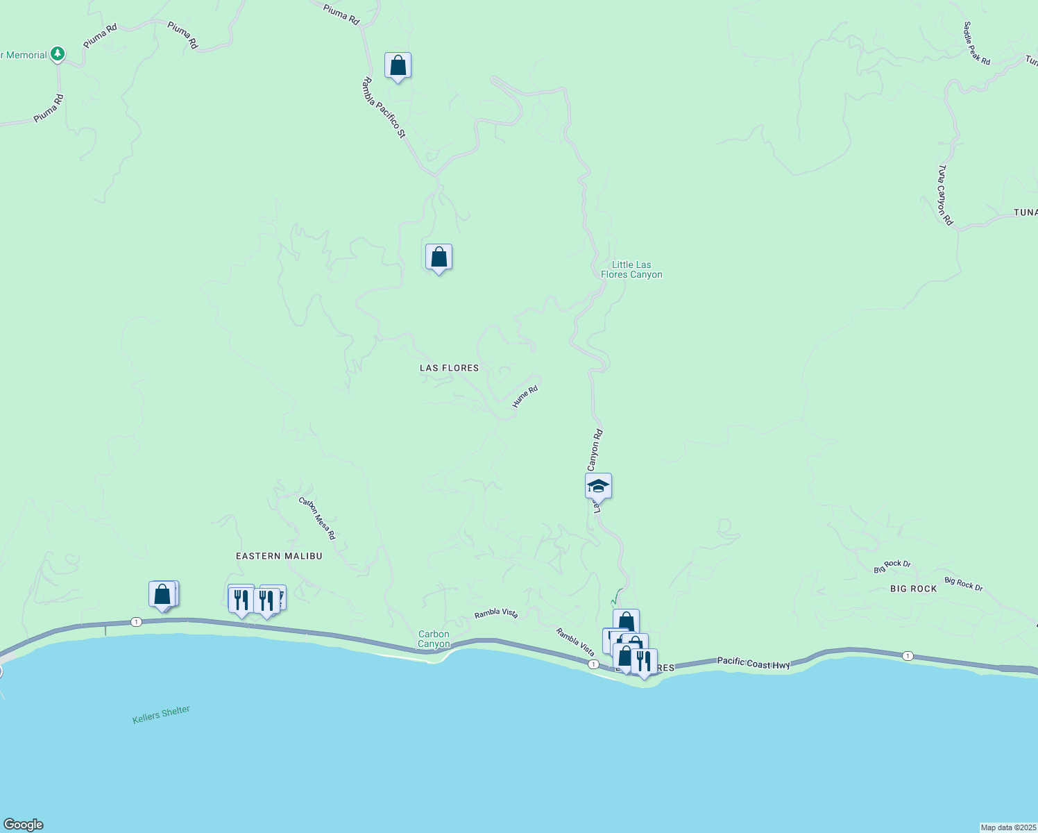 map of restaurants, bars, coffee shops, grocery stores, and more near 2878 Hume Road in Malibu