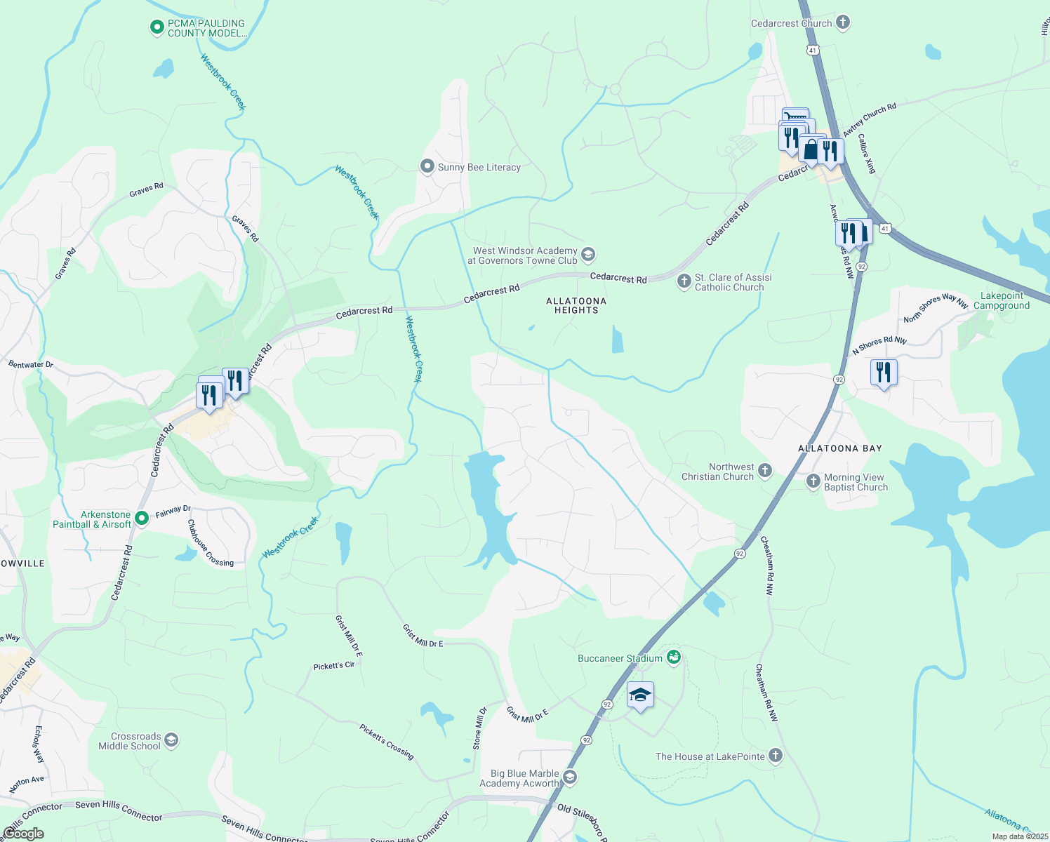 map of restaurants, bars, coffee shops, grocery stores, and more near 21 Picketts Ridge Lane in Acworth