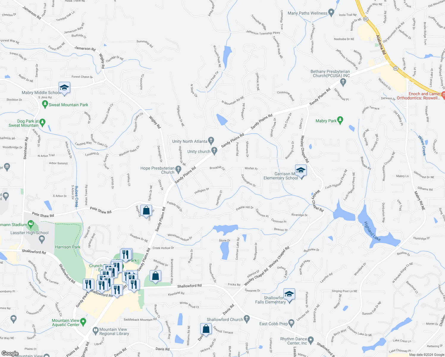 map of restaurants, bars, coffee shops, grocery stores, and more near 3390 Winfair Place in Marietta