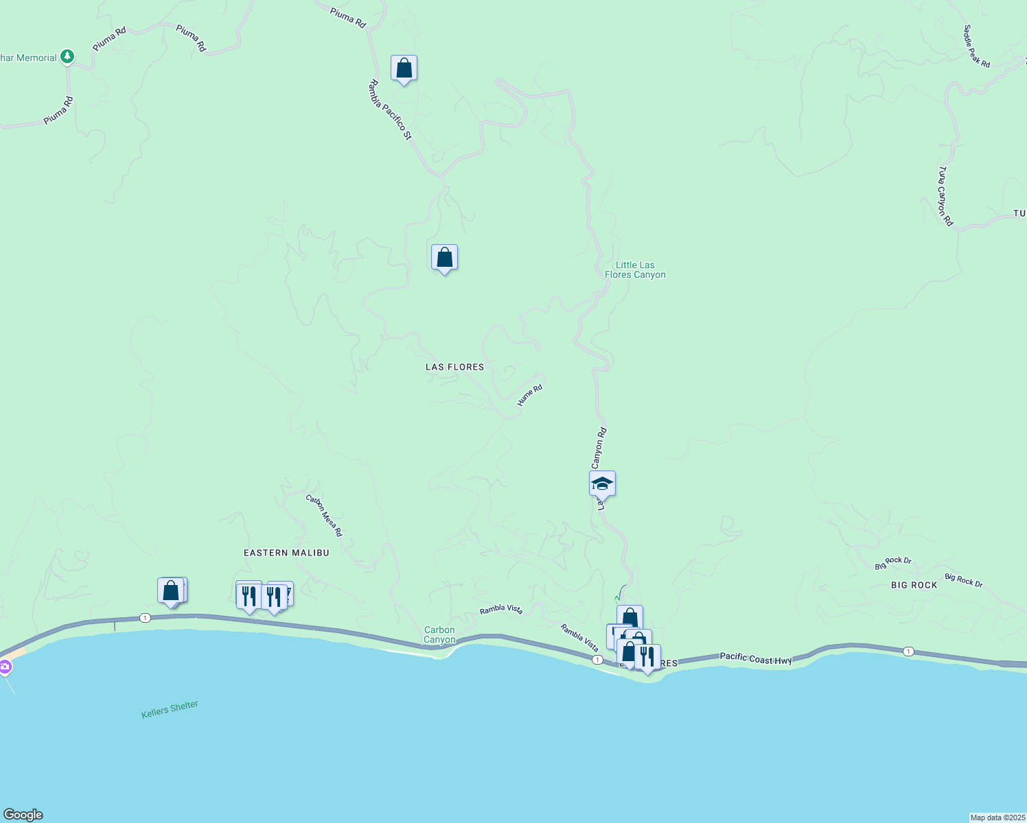 map of restaurants, bars, coffee shops, grocery stores, and more near 2878 Hume Road in Malibu