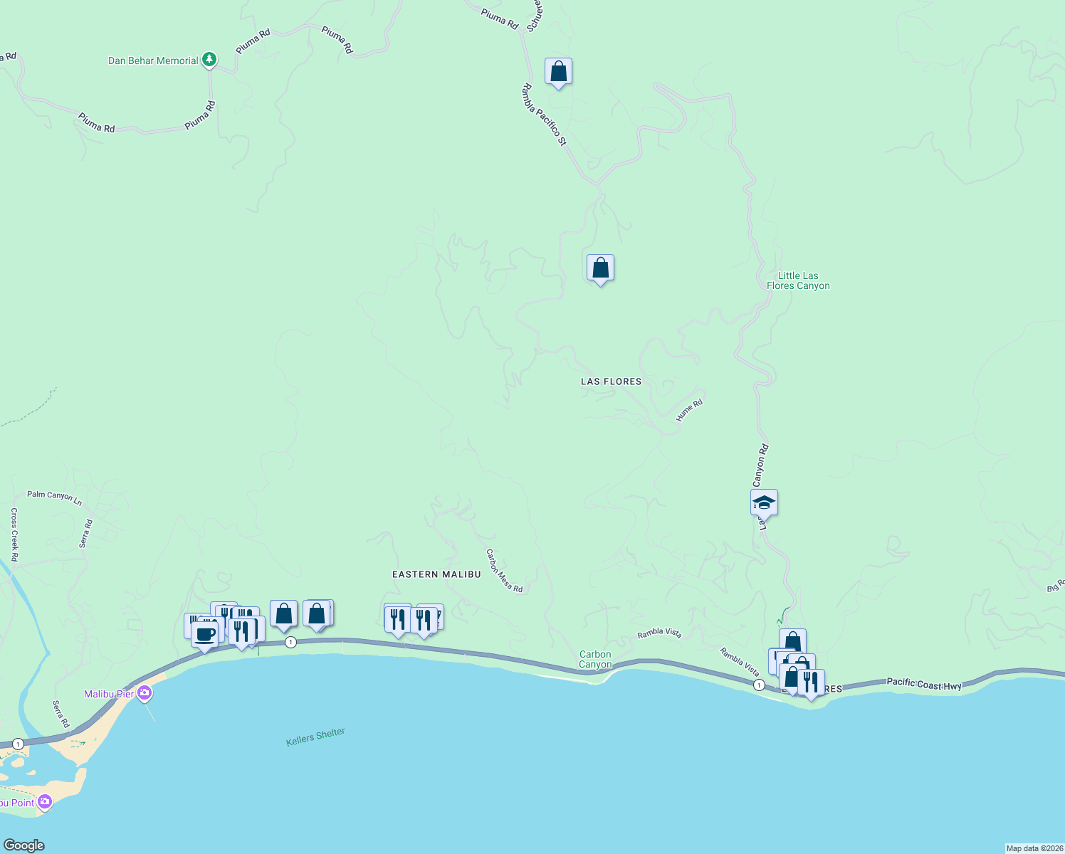 map of restaurants, bars, coffee shops, grocery stores, and more near Coal Canyon Road in Malibu