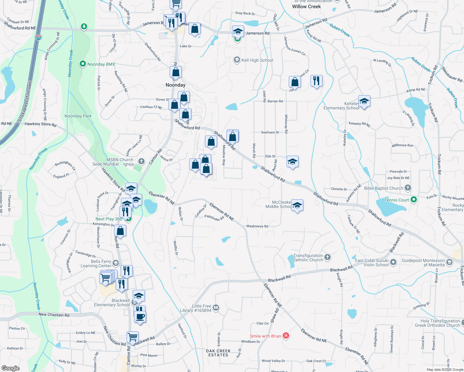 map of restaurants, bars, coffee shops, grocery stores, and more near 1261 Little Acres Place Northeast in Marietta