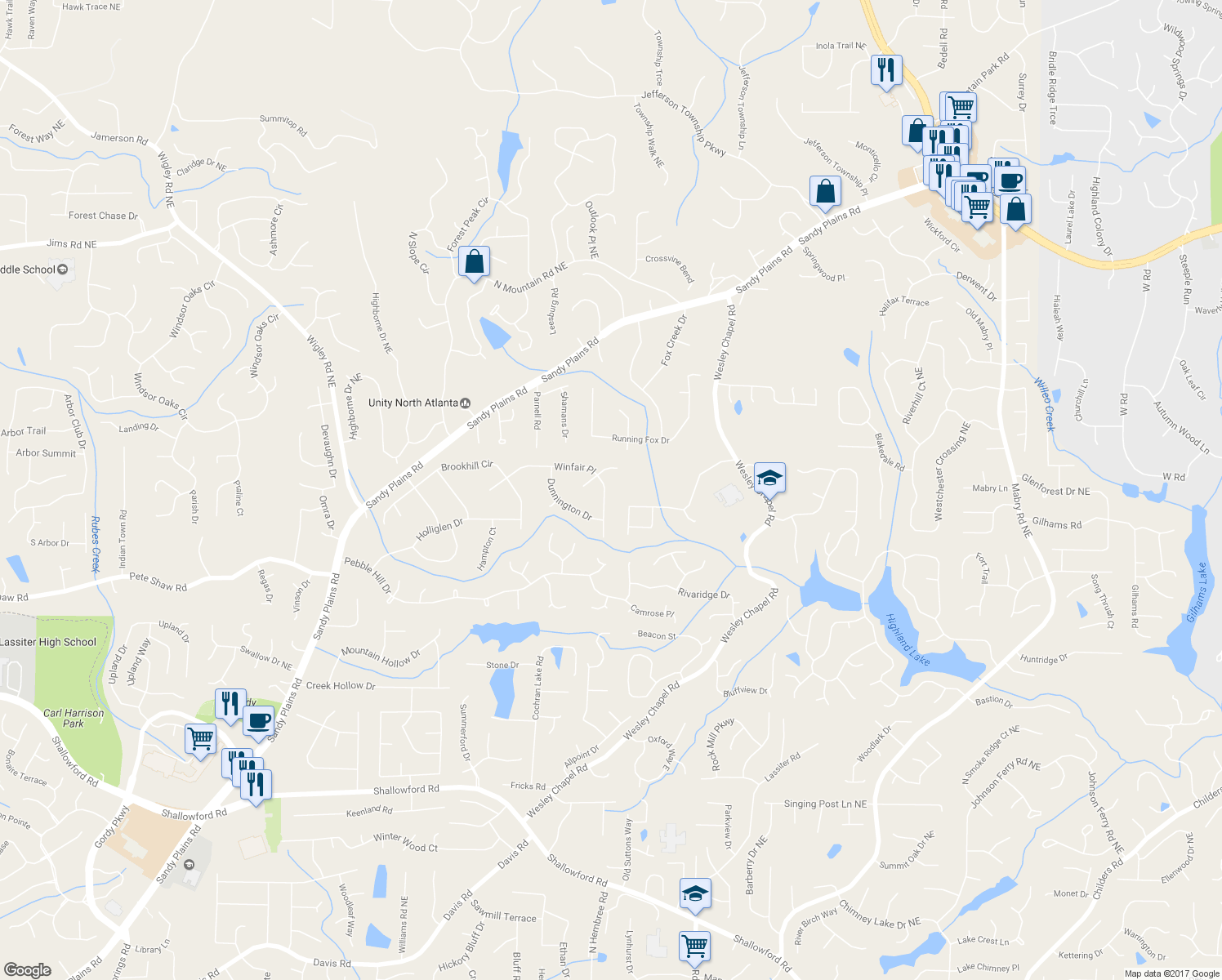 map of restaurants, bars, coffee shops, grocery stores, and more near 3581 Winfair Place in Marietta