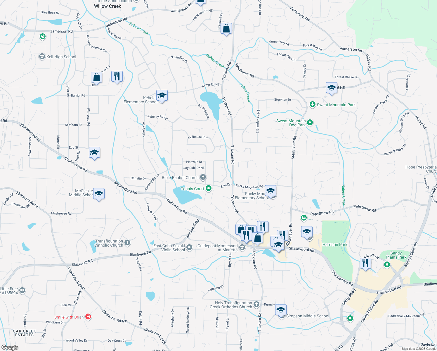 map of restaurants, bars, coffee shops, grocery stores, and more near 2240 Longford Court in Marietta