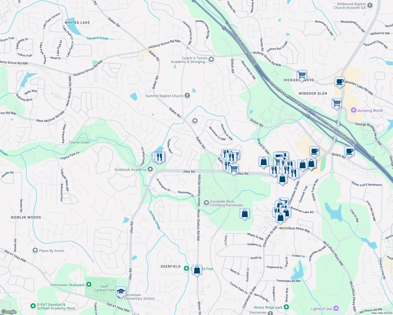 map of restaurants, bars, coffee shops, grocery stores, and more near 3706 Vineyards Lake Circle in Kennesaw