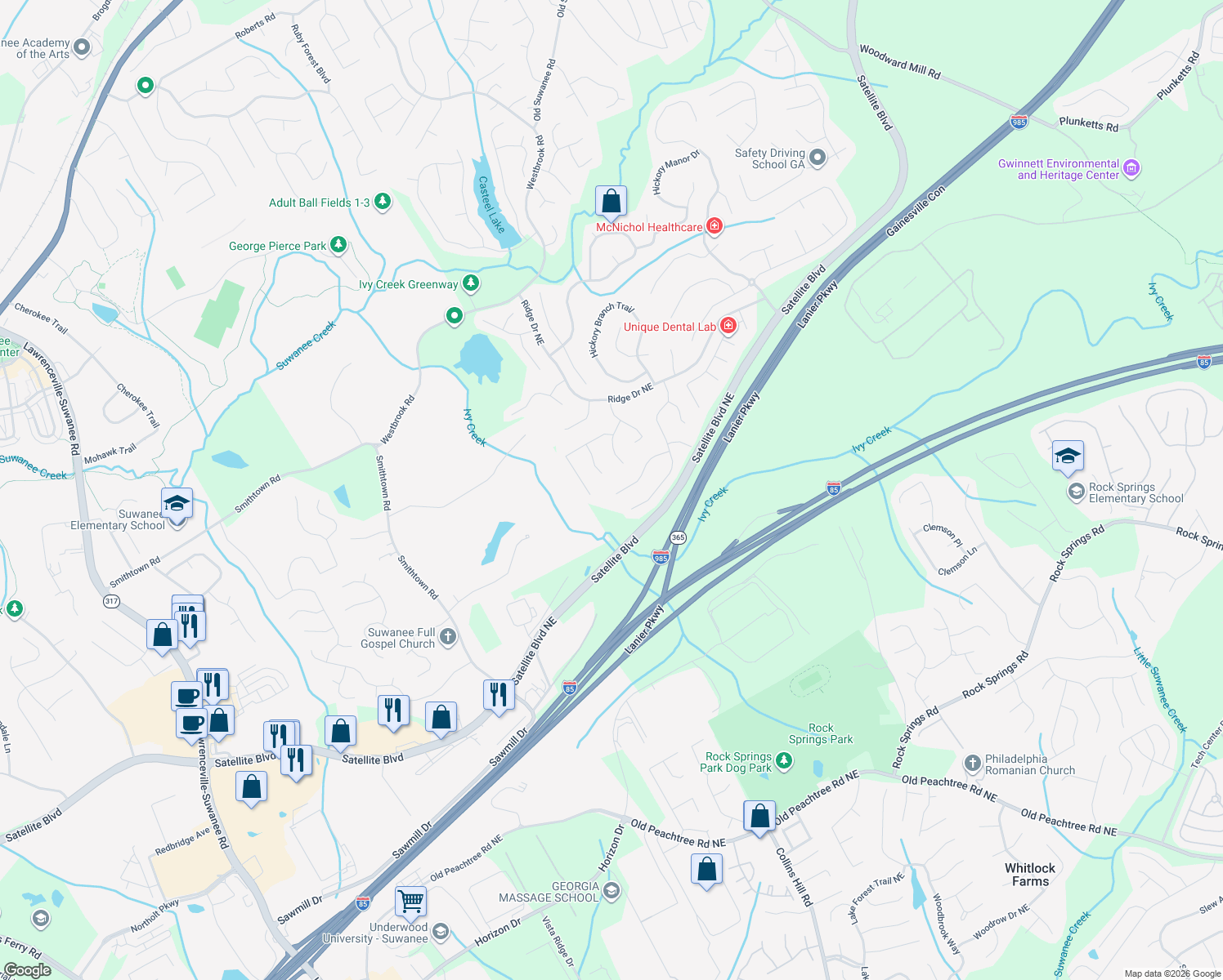 map of restaurants, bars, coffee shops, grocery stores, and more near 326 Canterbury Place Drive in Suwanee
