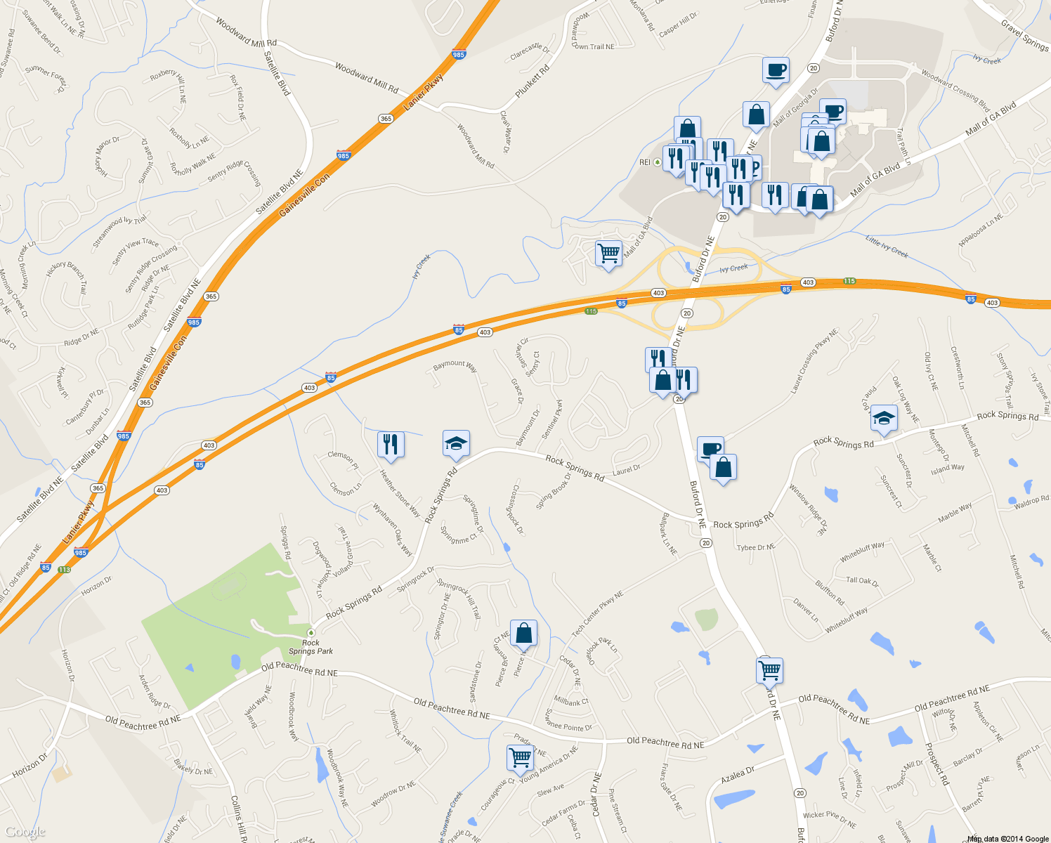 map of restaurants, bars, coffee shops, grocery stores, and more near 3060 Baymount Drive in Lawrenceville